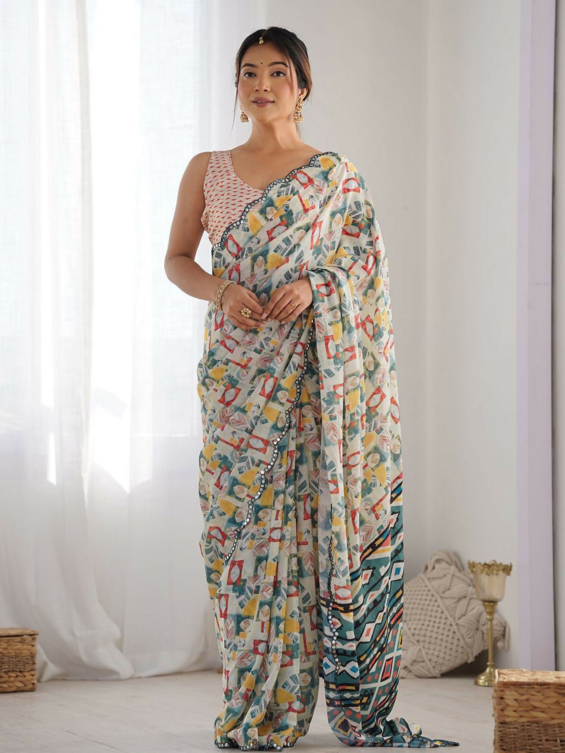 Designer Partywear Georgette White Fancy Saree - Durga