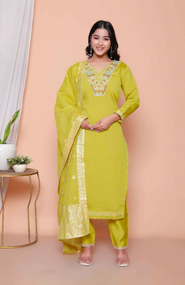 Miravan Womens Muslin Yellow Kurta And Palazzo With Dupatta Set