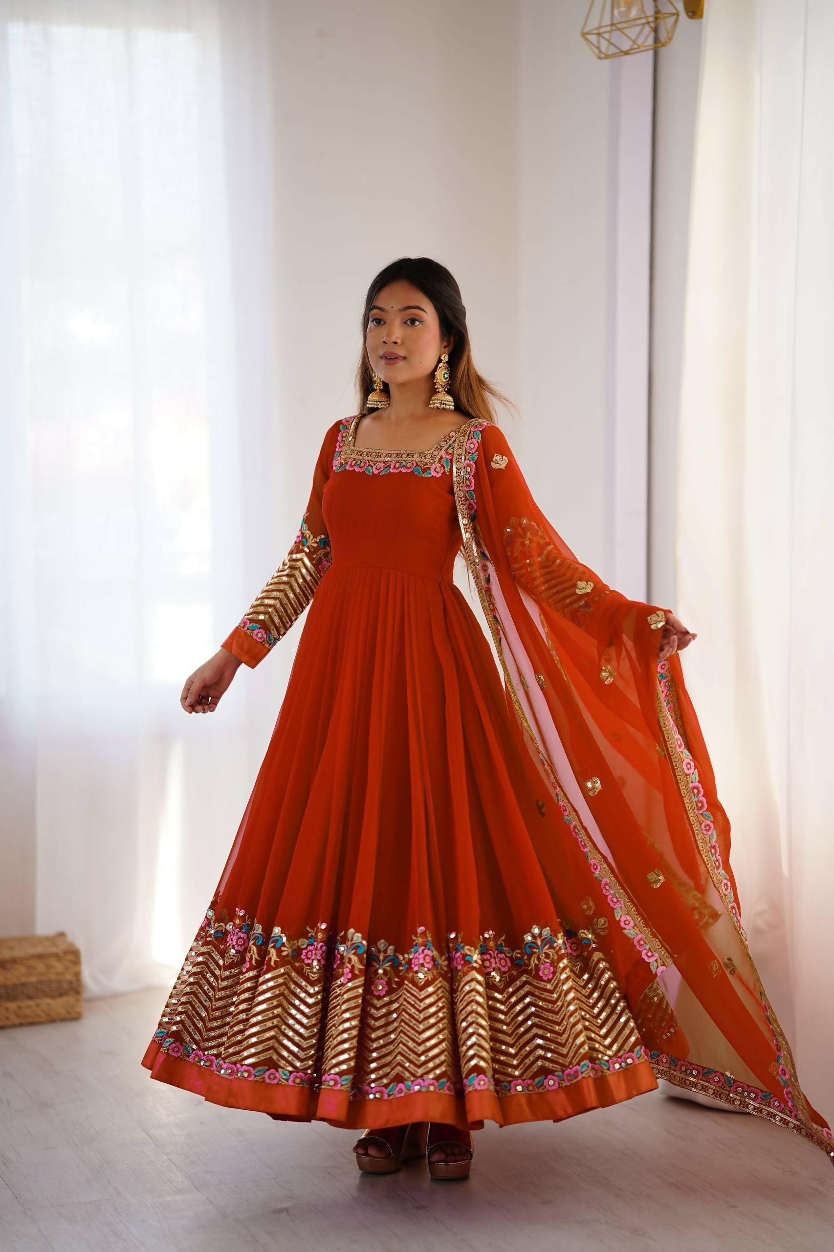 Prazu Fashion Orange Georgette Embroidered Sequence Anarkali Suit