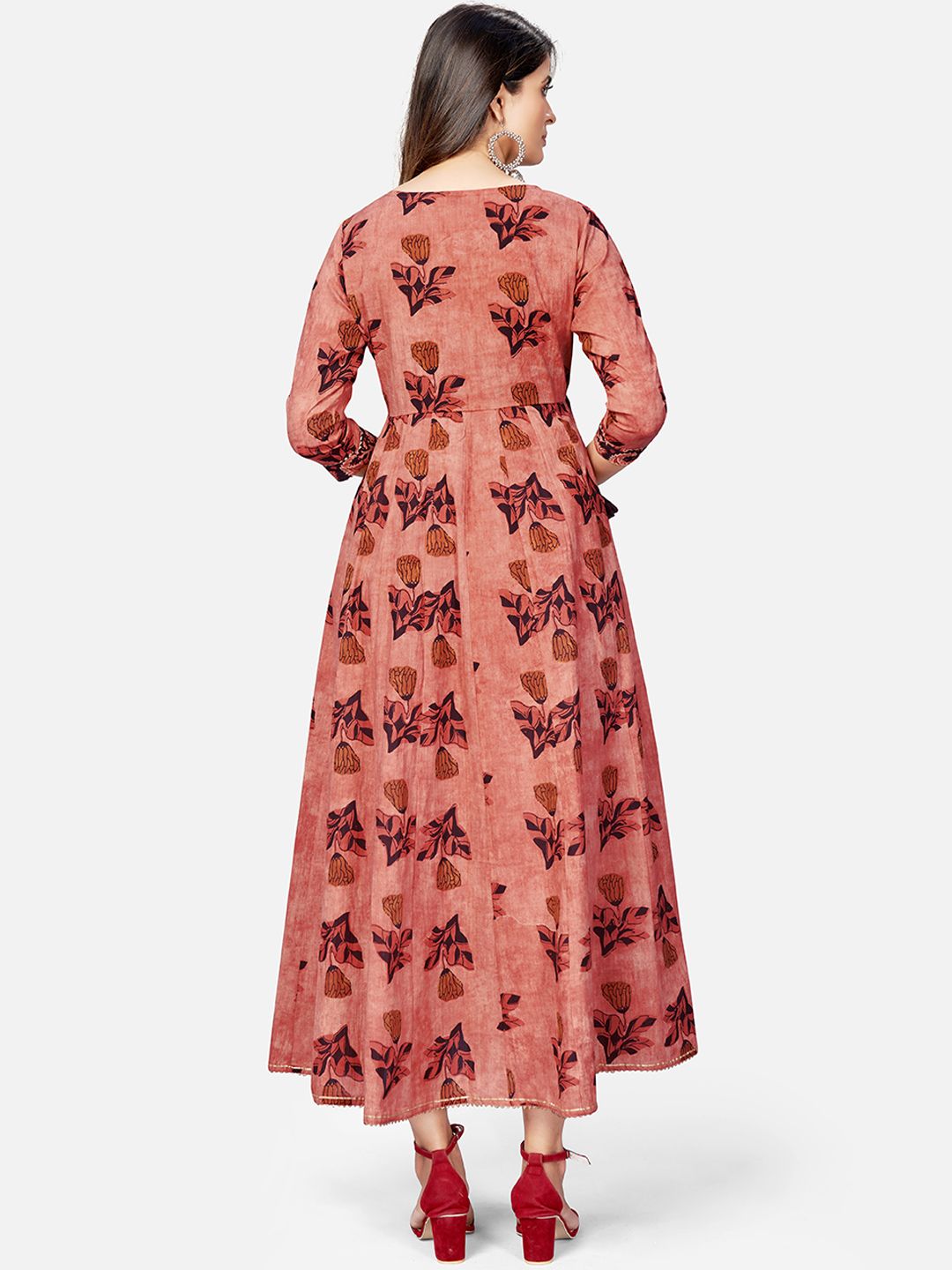 NOZ2TOZ Women's Printed & Hand Work Anarkali Cotton Brown Kurta (1Pc) 