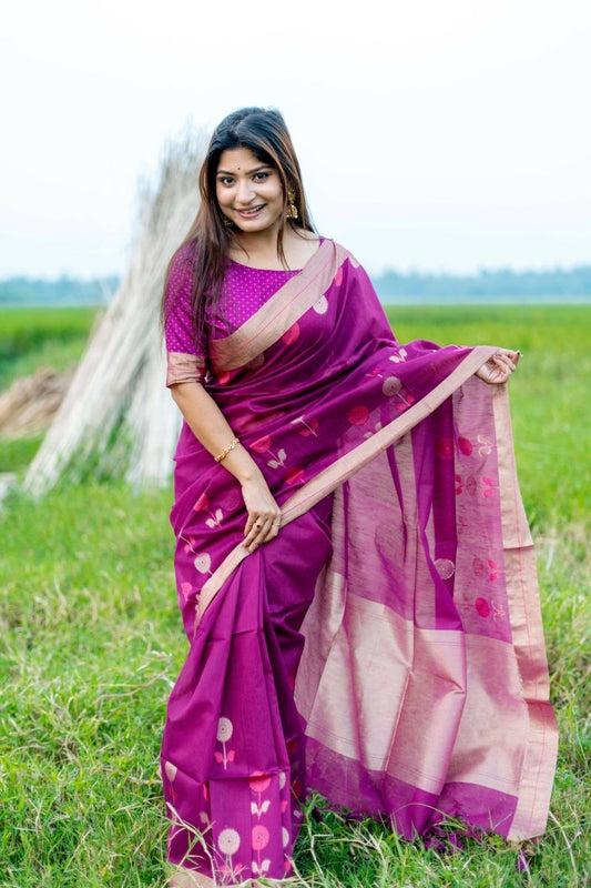 Aastha Fashion Magenta Woven Cotton Silk Saree with Blouse - Grab2buy