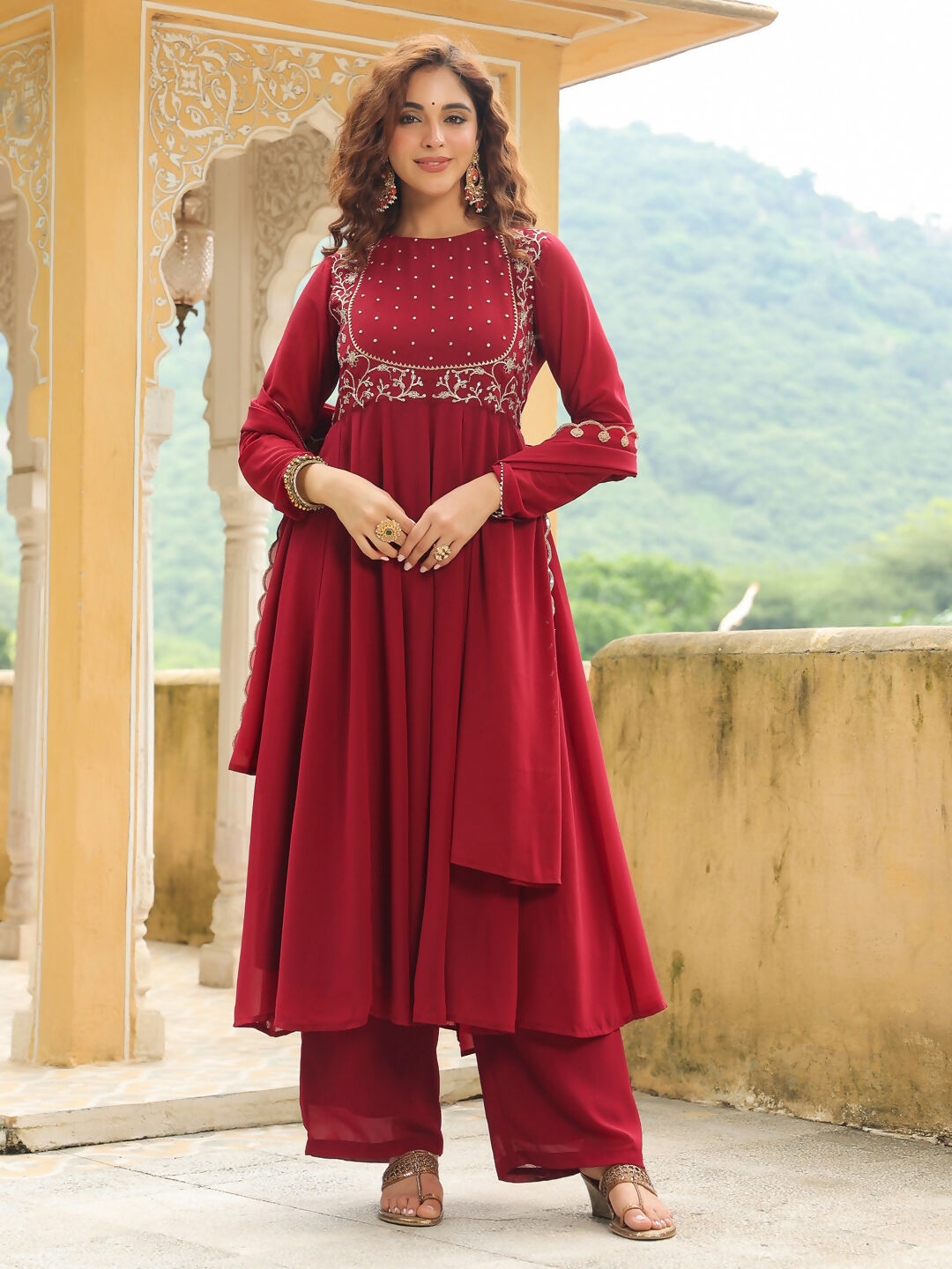 Janasya Maroon Georgette Embroidered Kurta,Bottom & Dupatta 