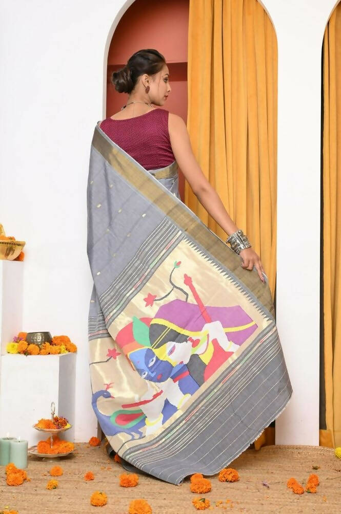 Very Much Indian Handloom Grey Cotton Paithani With Radha Krishna Pallu 