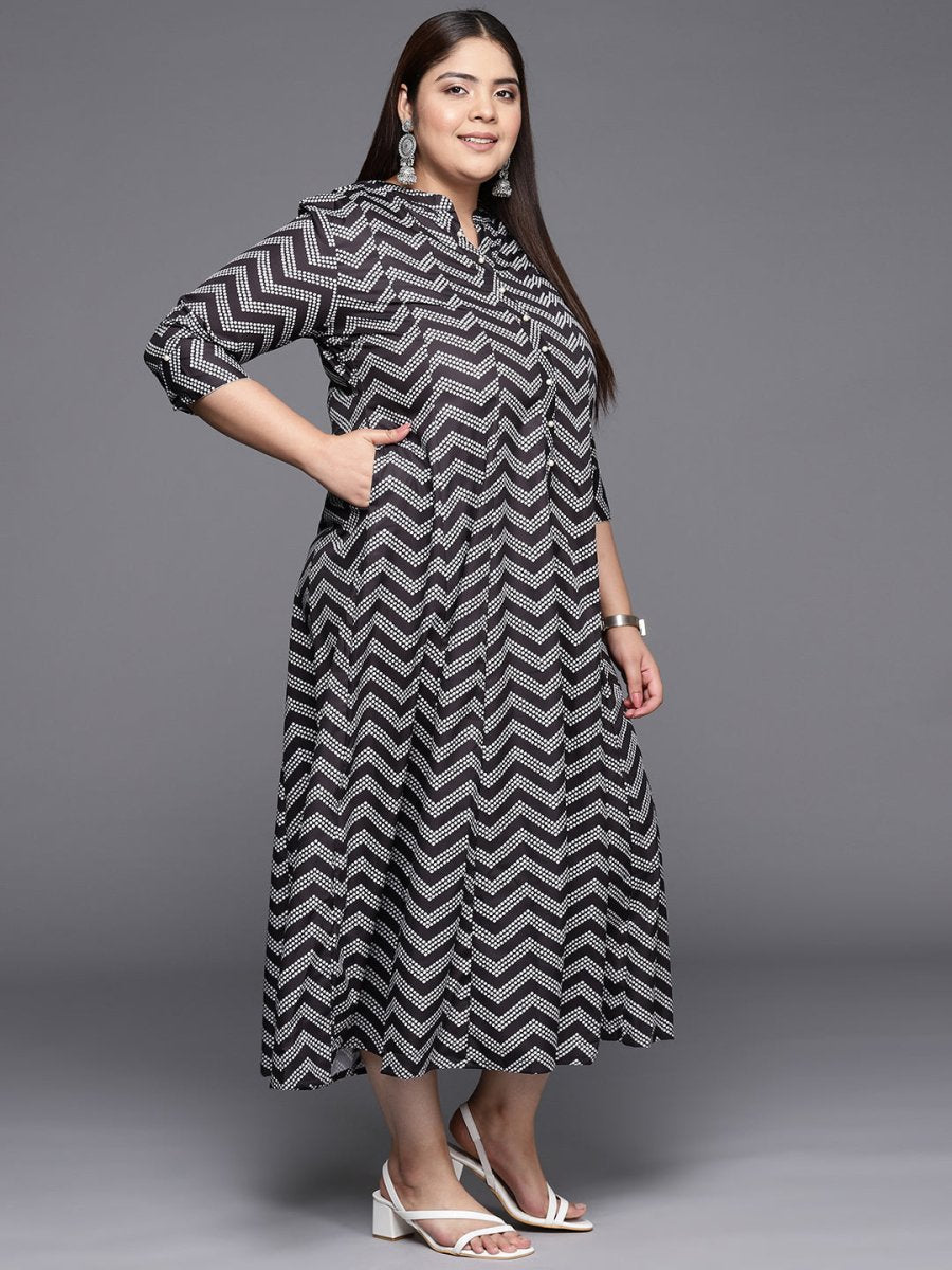 Ahalyaa Plus Size Chevron Print Crepe Mandarin Collar A-line Midi Ethnic Dress  Grab2Buy Ahalyaa Grab2Buy