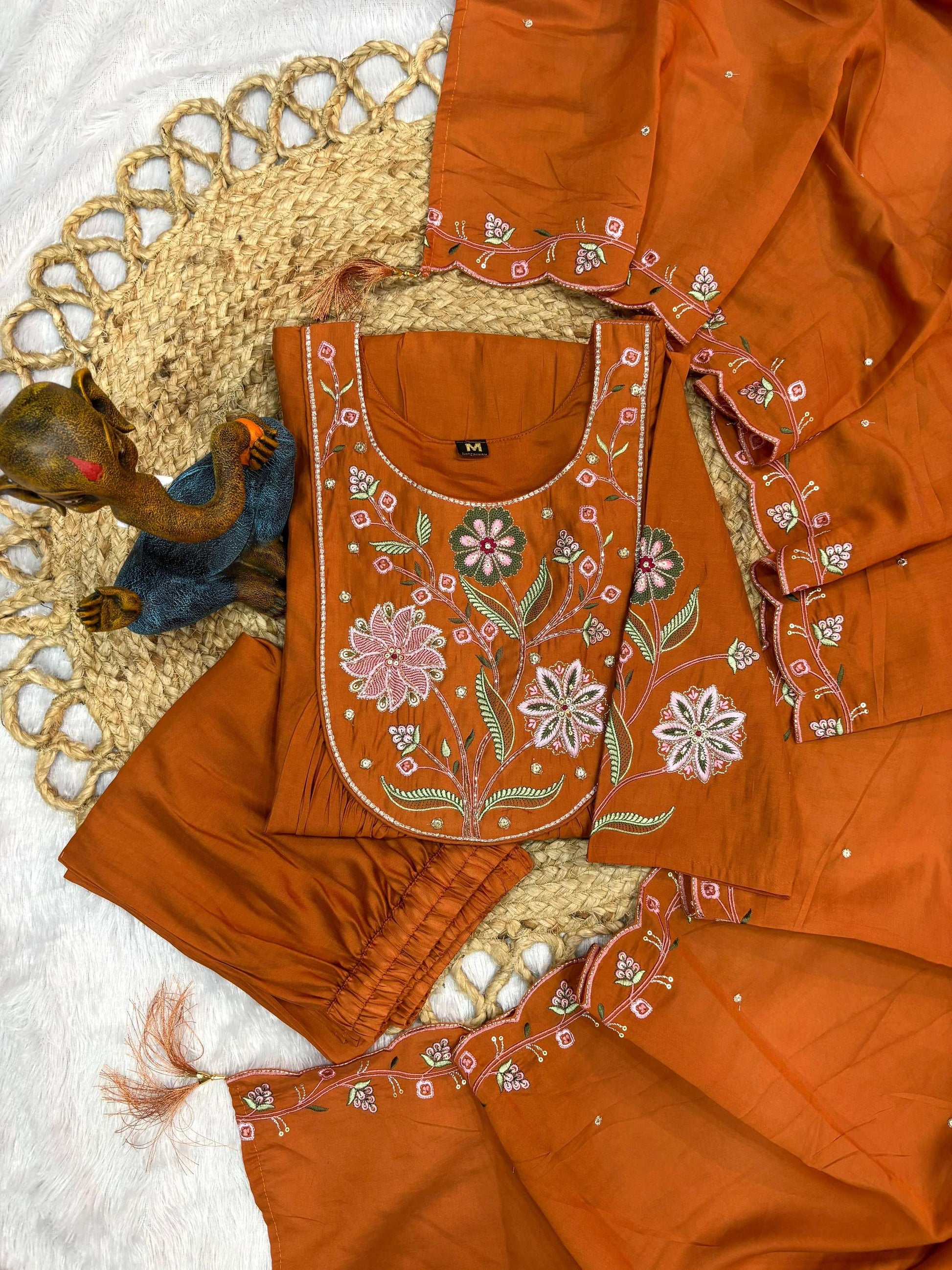 Pramukh Fab Rust Color Viscose Roman Silk Kurta Set