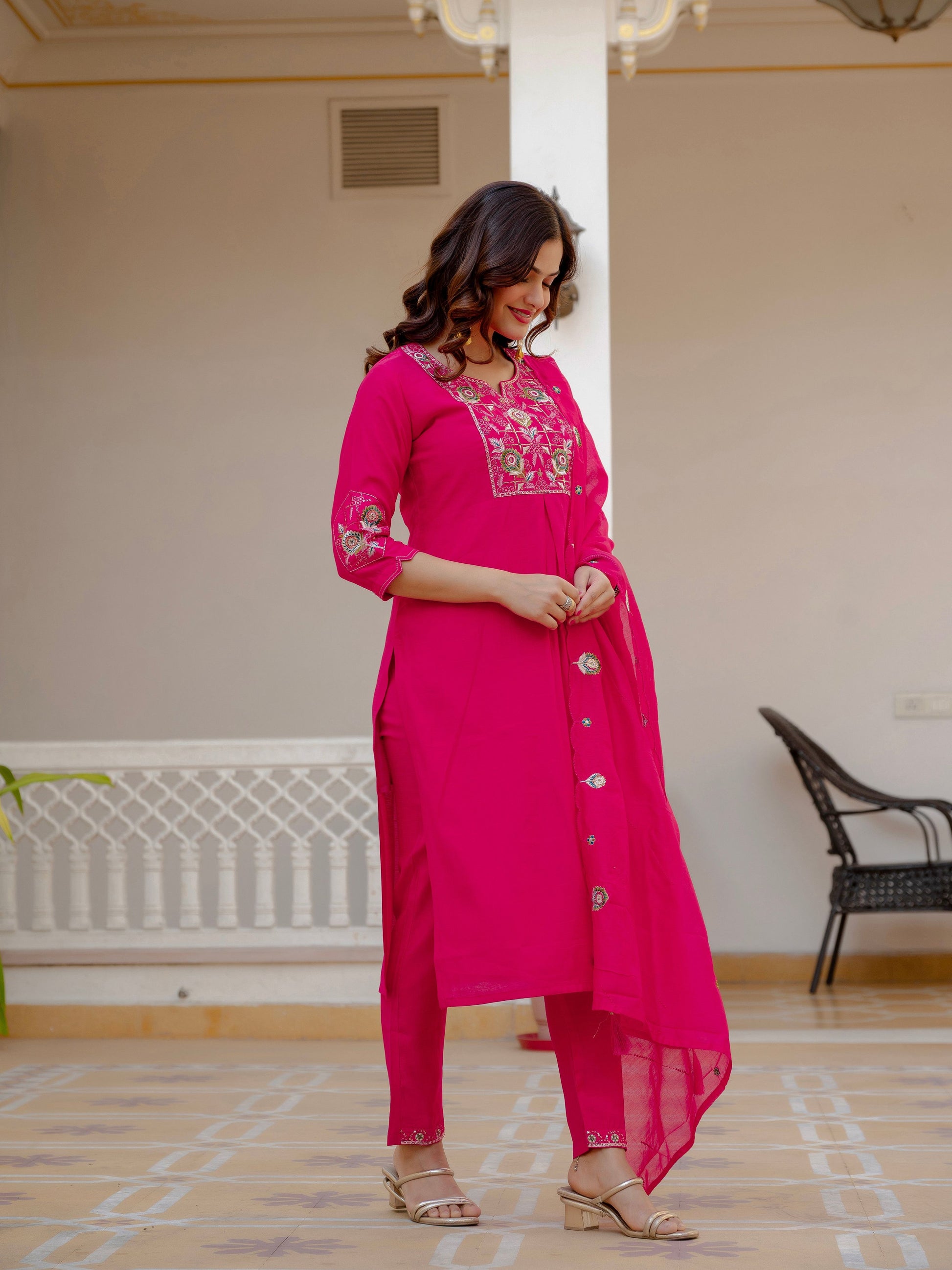 Pramukh Fab Pink Green Color Viscose Mango Silk Kurta Set