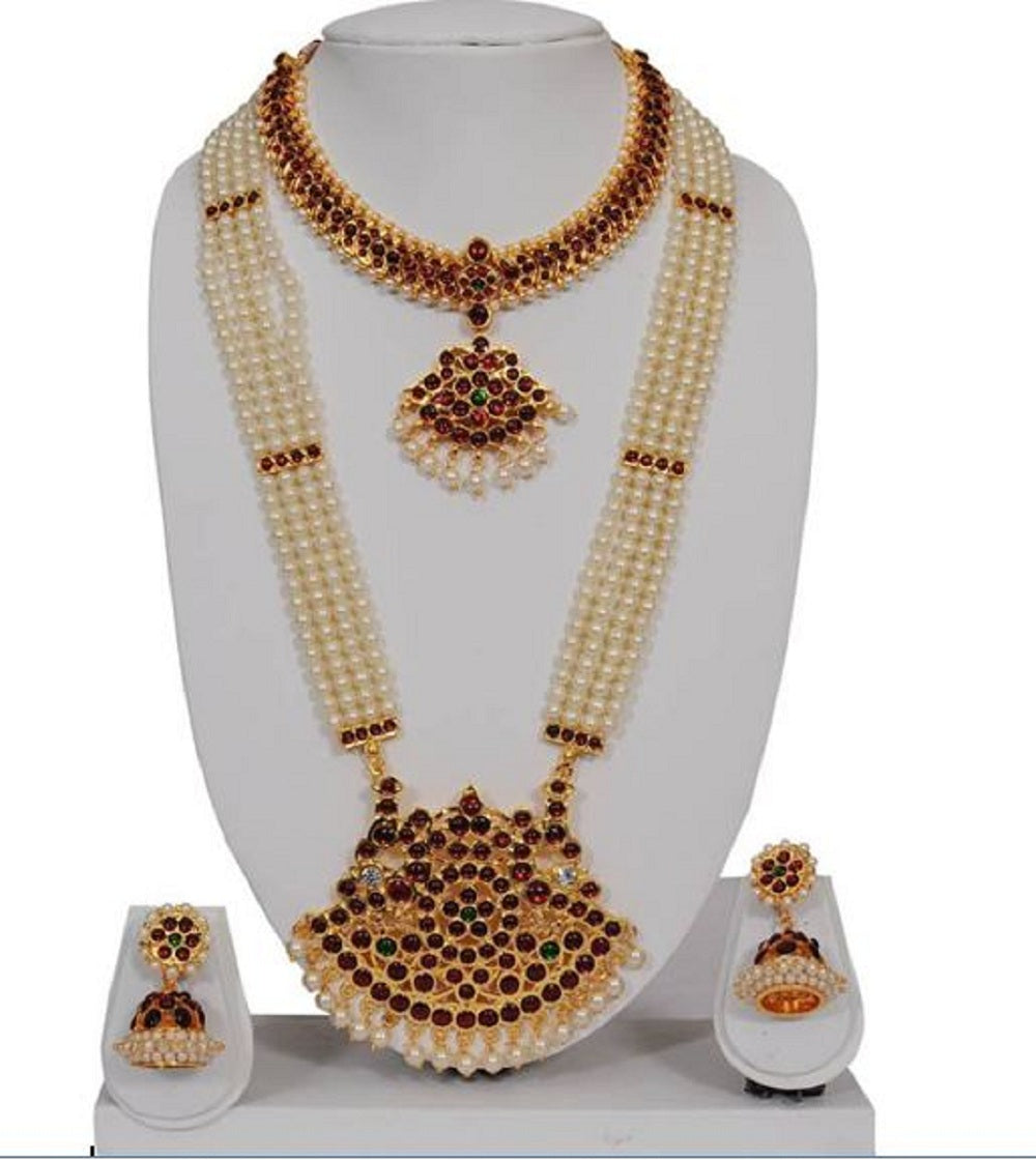 Elite Trading Minimum Bharatnatyam Dance Jewellery Set with 4 line Haarm Elite Trade
