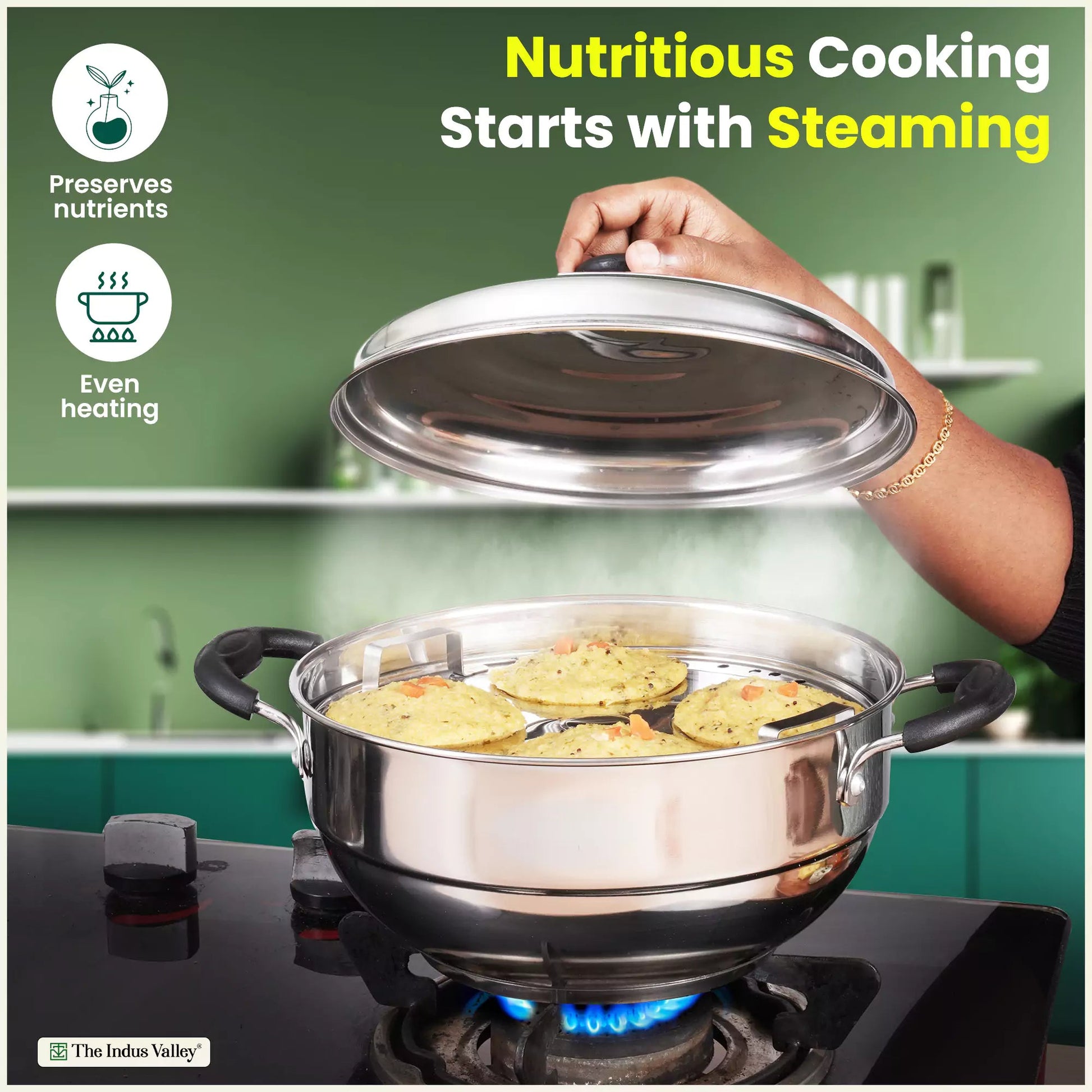 The Indus Valley 8 Pit Tri-Steel Multi Pot Premium Stainless Steel Idli/ Dhokla/ Momo Maker/ Veg Steaming Set, Tri-ply Induction Bottom, 5 Plates, 3L  Grab2Buy The Indus Valley Grab2Buy