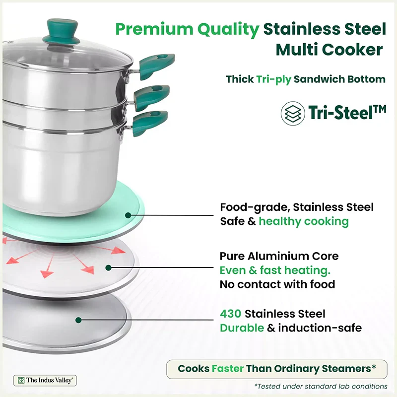 The Indus Valley Tri-steel Multi Cooker Pot Premium Stainless Steel Momo Maker/ Idiyappam/ Biryani/ Veg Steaming Set, 3 Pots, 21cm  Grab2Buy The Indus Valley Grab2Buy