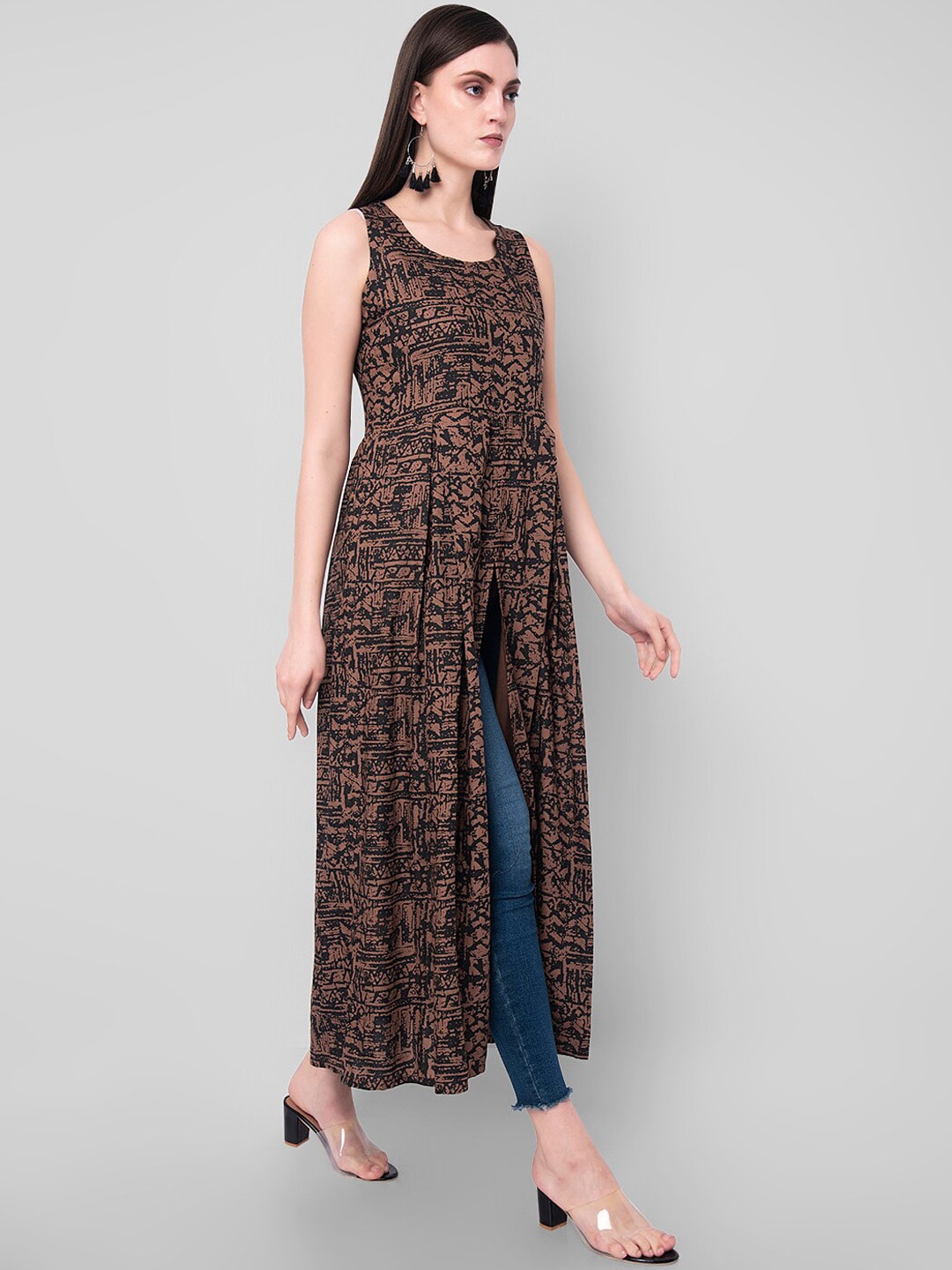 Kalini Women Brown & Black Abstract Print A-Line Kurta 
