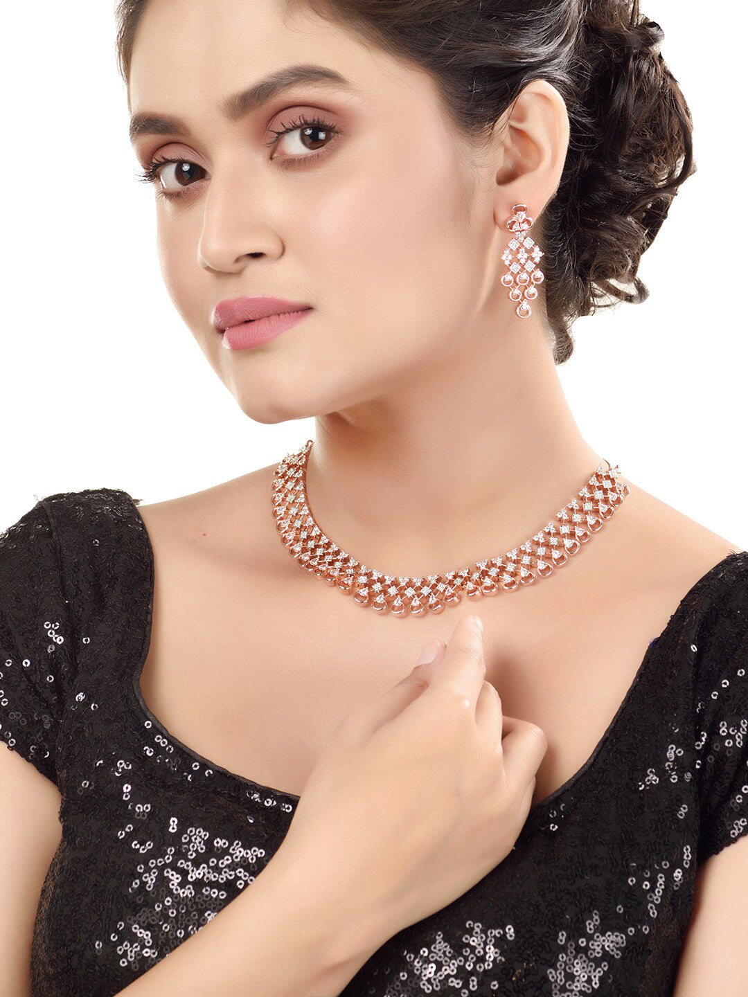 Saraf RS Jewellery Rose Gold-Plated White AD-Studded Handcrafted Jewellery Set - Grab2buy