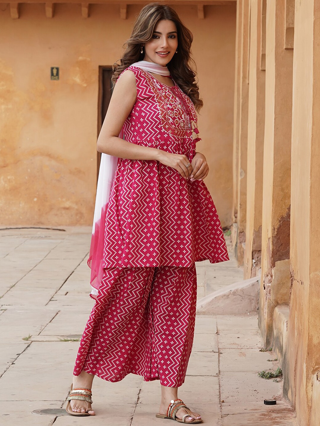 Kalini Ethnic Motifs Printed A-Line Kurta With Sharara & Dupatta 