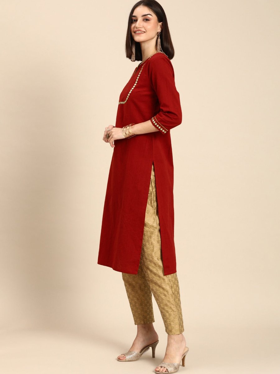 All About You Women Red & Gold-Toned Keyhole Neck Gotta Patti Kurta