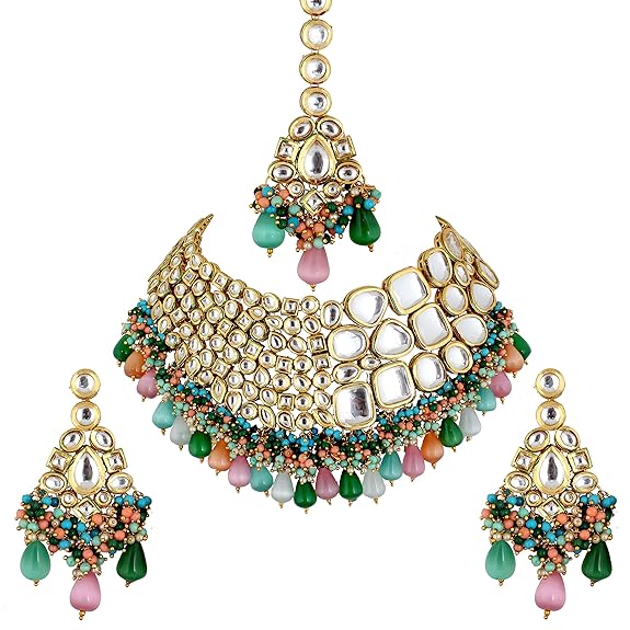 Tehzeeb Creations Meenakari Gold-Polished Multi color Uncut dibbi Kundan Combo Necklace Set Tehzeeb Creations