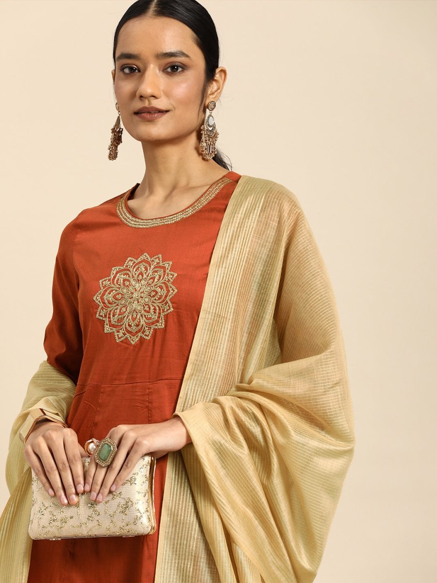 All About You Women Orange& Cream Embroidered Kurta with Dupatta