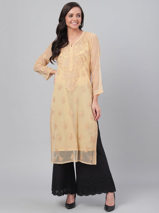 ADA Women Beige Chikankari Hand Embroidered Straight Sustainable Handloom Kurta With Slip 