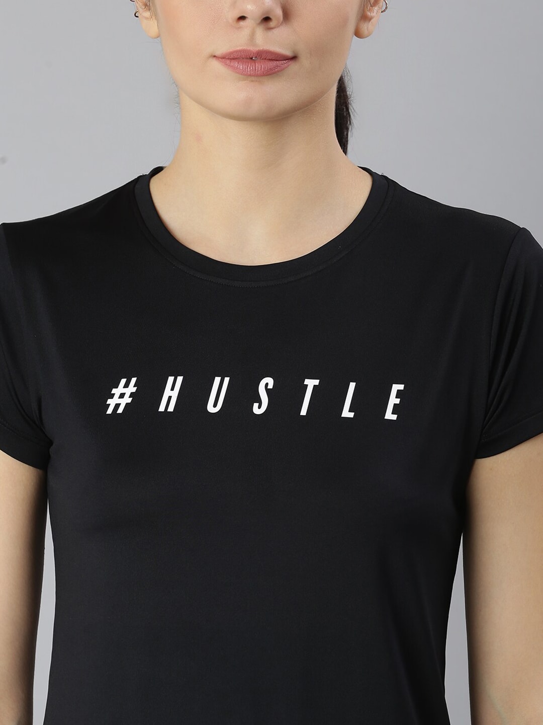 MKH Women Black Typography Printed Dri-FIT Sports T-shirt 