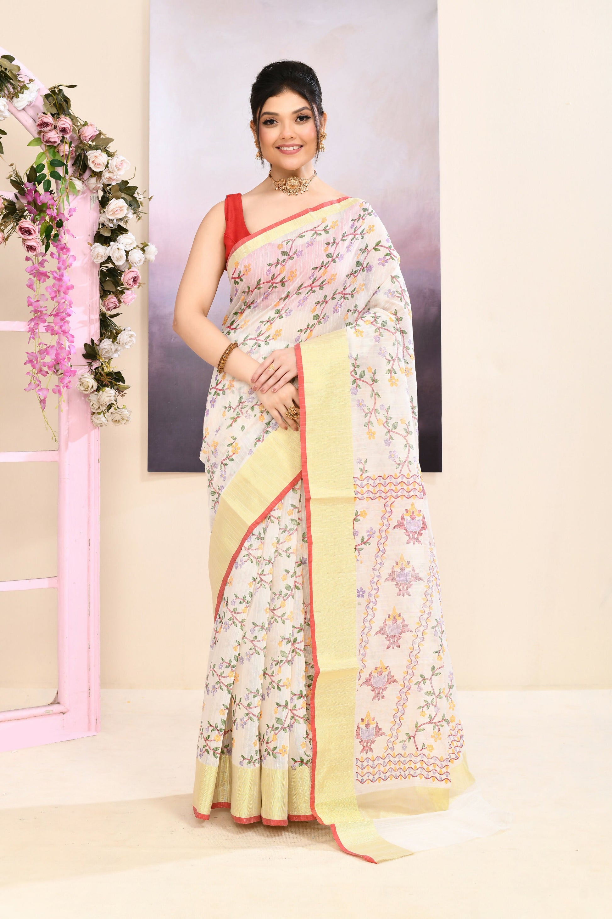 Piyari Fashion Women's White Embellished Cotton Blend Printed Saree