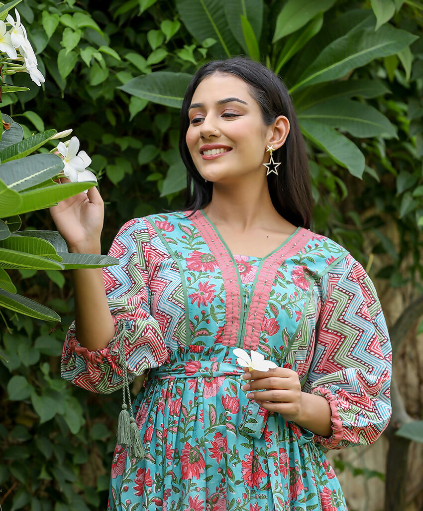 Kaajh Women's Green Hand Block Printed Dress