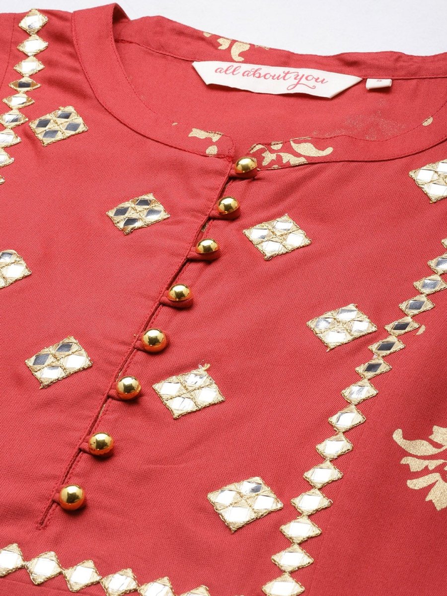 All About You Women Rust & Gold-Toned Ethnic Motifs Printed Mirror Work Kurta