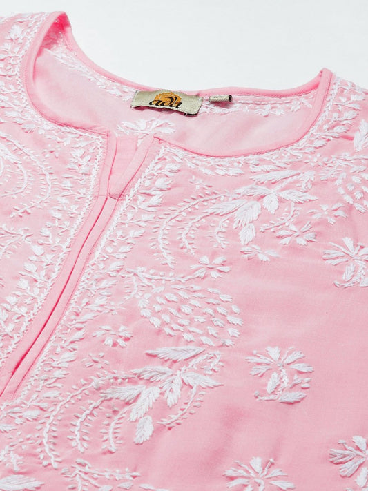 ADA Women Pink & White Ethnic Motifs Embroidered Chikankari Cotton Kurta