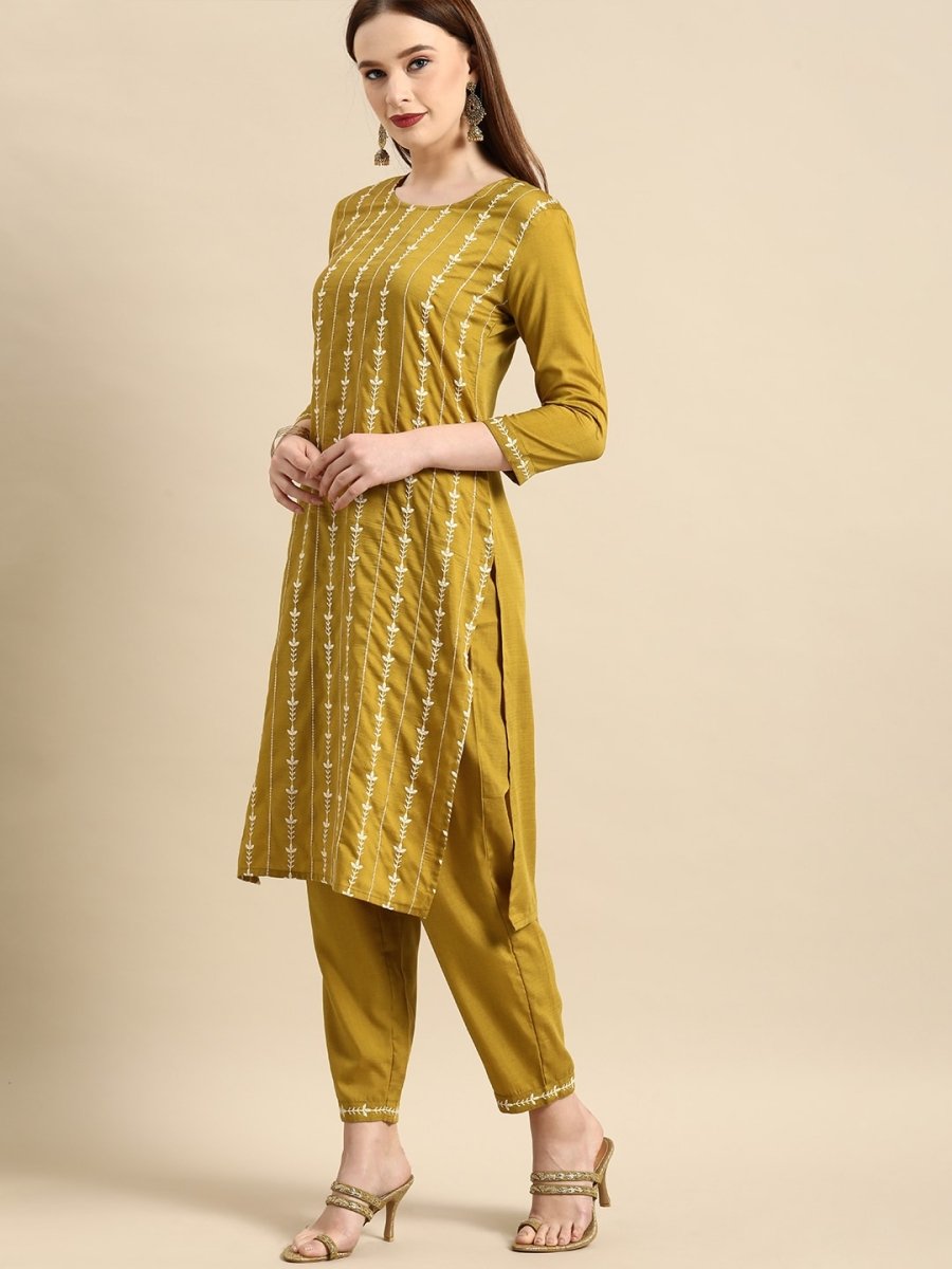 All About You Women Mustard Yellow Floral Embroidered Thread Work Kurta with Trousers