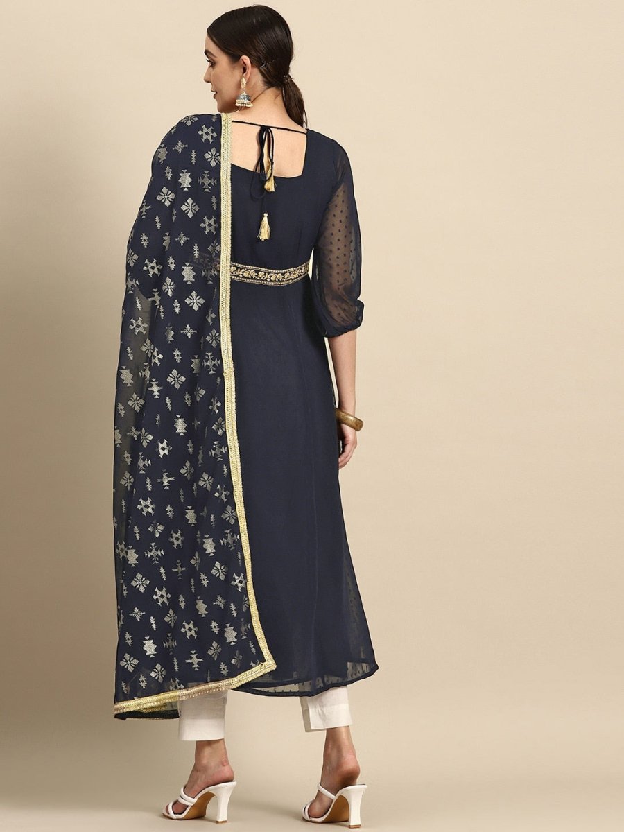 All About You Square Neck Dobby Weave A-Line Kurta With Dupatta