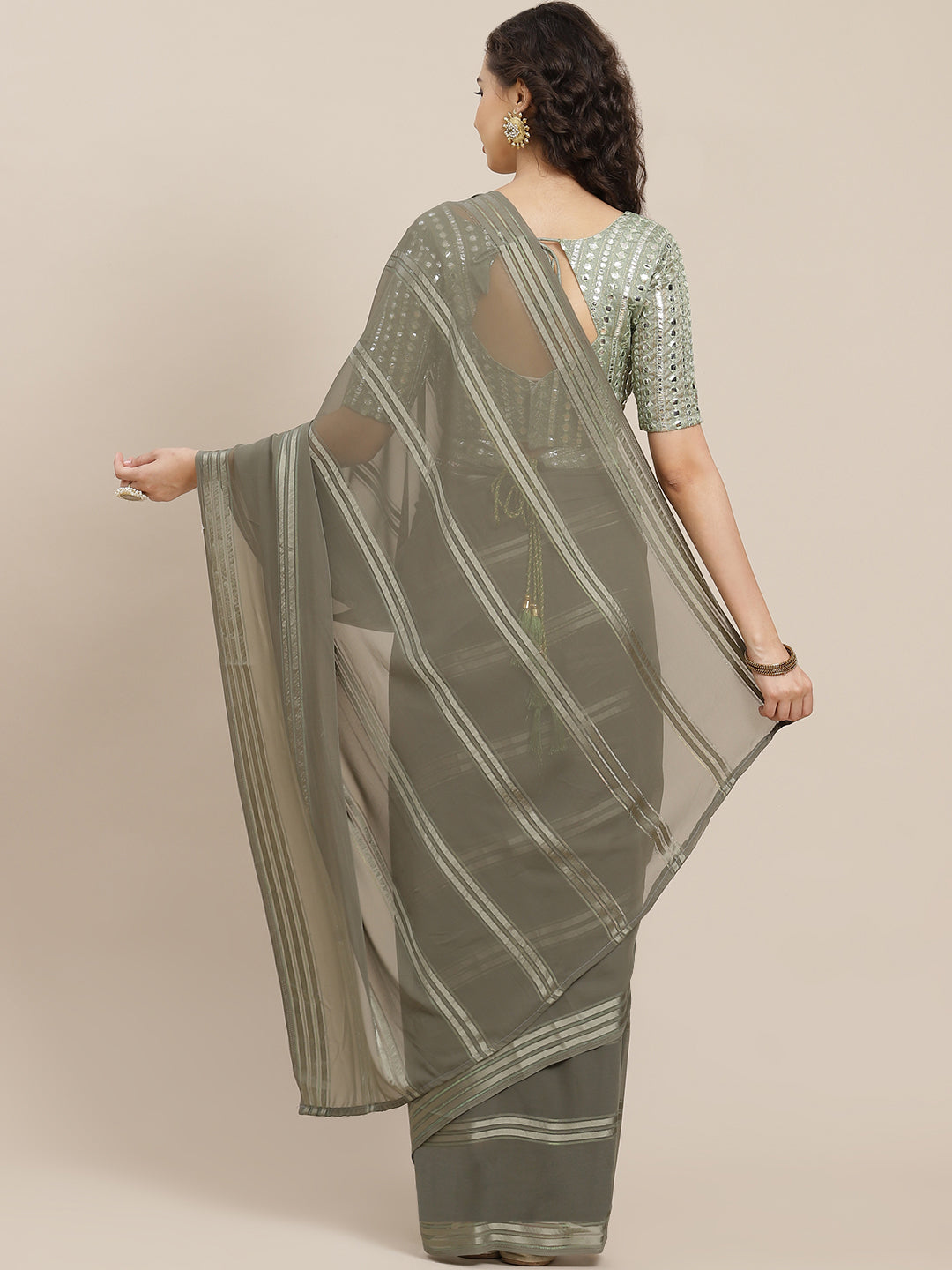 Saree Mall Taupe Striped Leheriya Saree With Belt