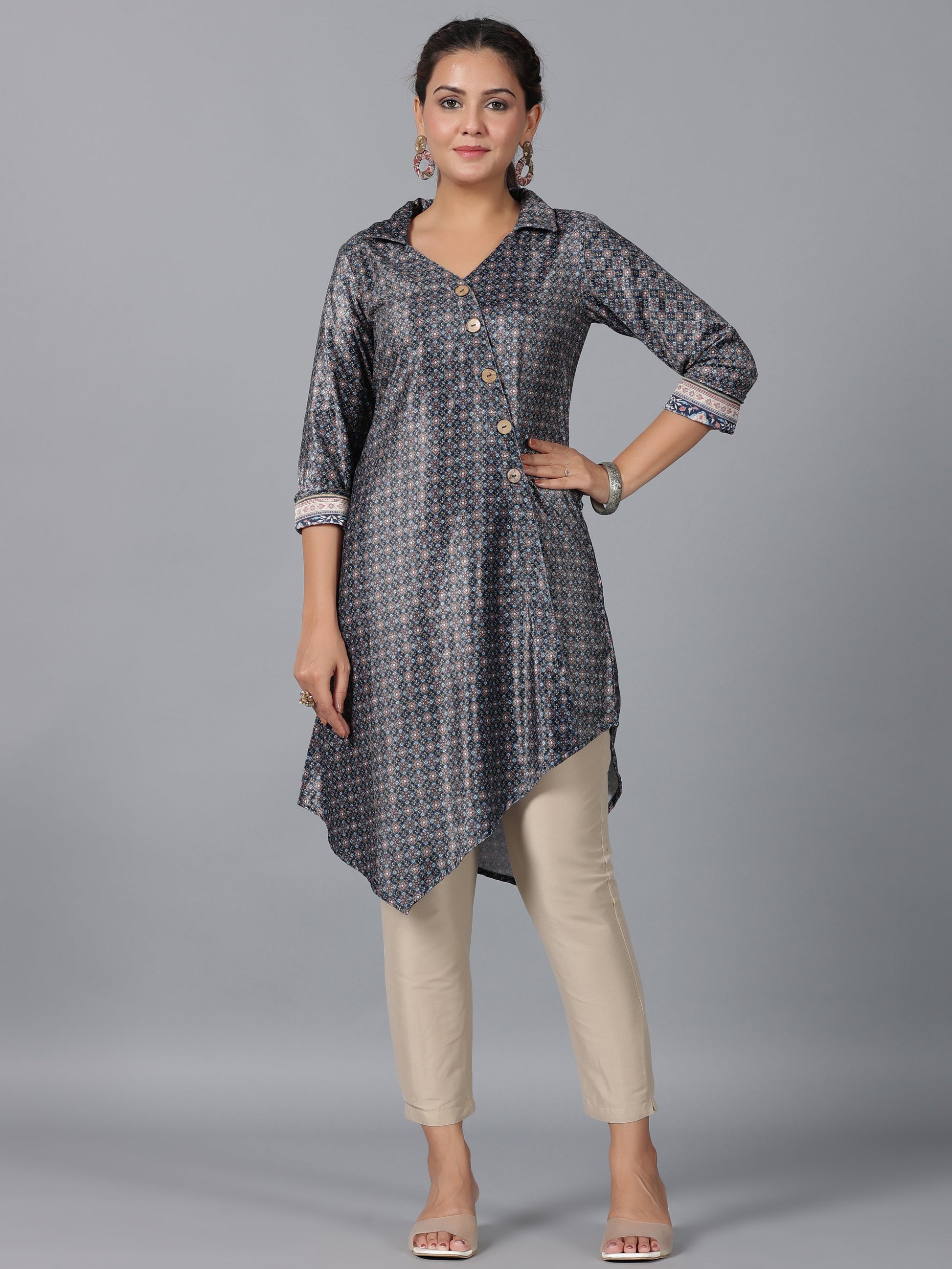Juniper Women Green Velvet Printed Asymmetric Kurta