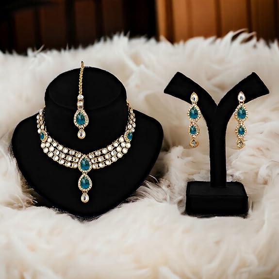 Tehzeeb Creations Traditional Gold-Polished Kundan Necklace Set for Girls & Women Tehzeeb Creations