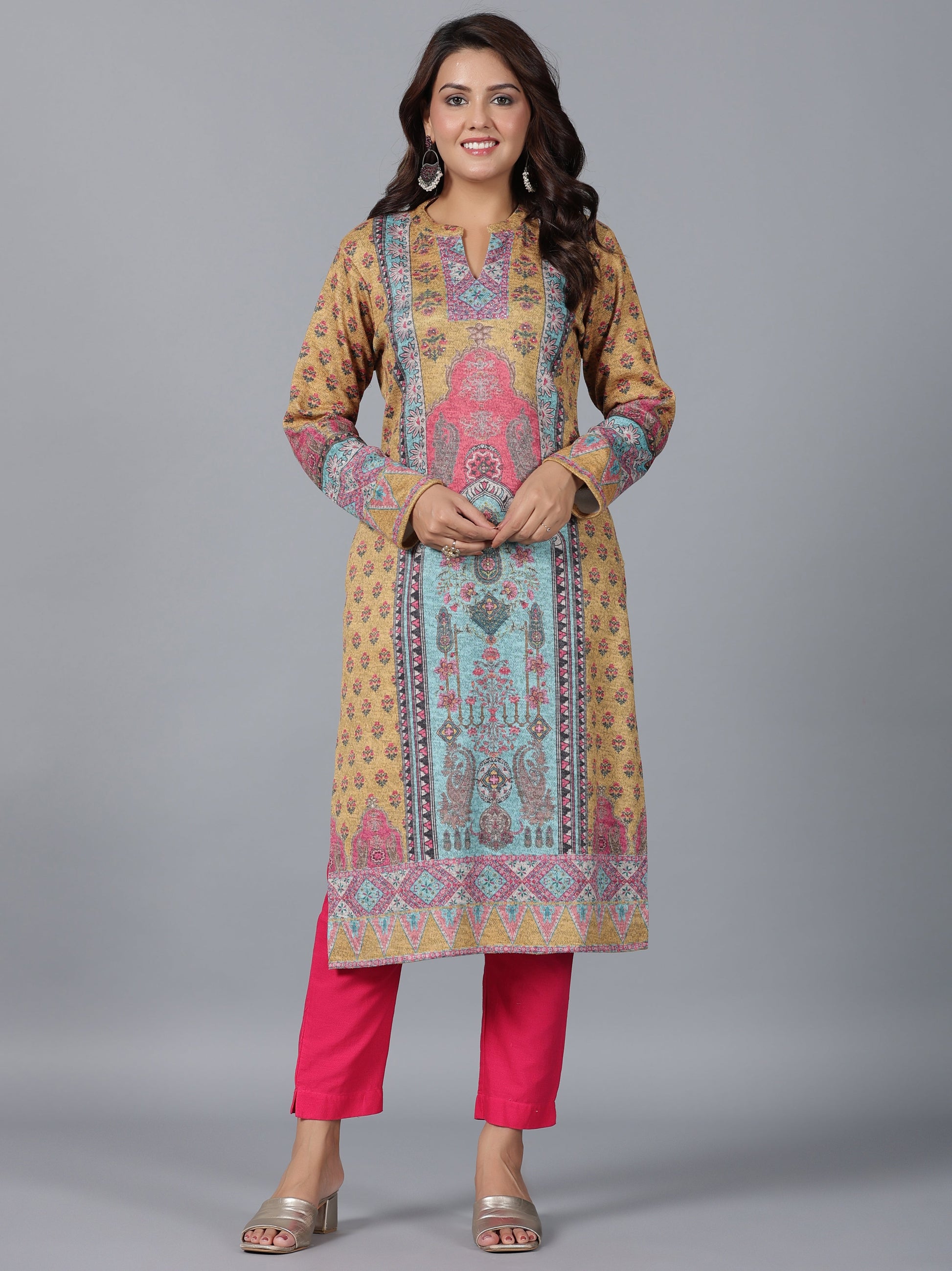 Juniper Women Mustard Printed Woolen Straight Kurta