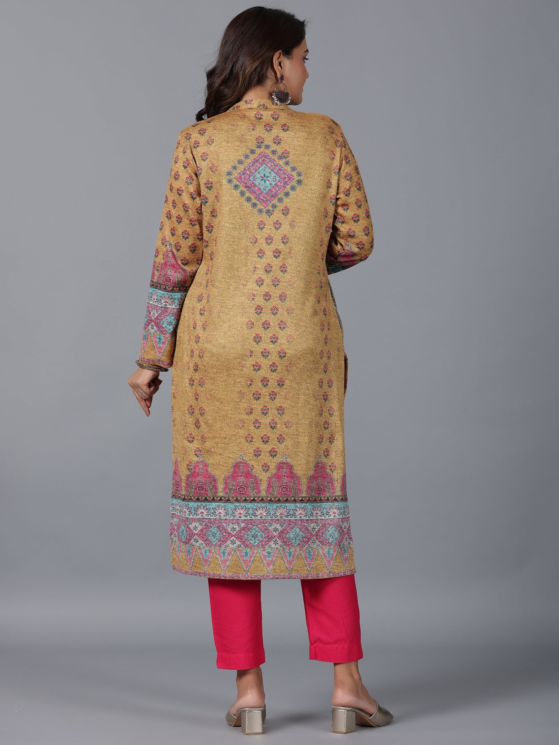 Juniper Women Mustard Printed Woolen Straight Kurta