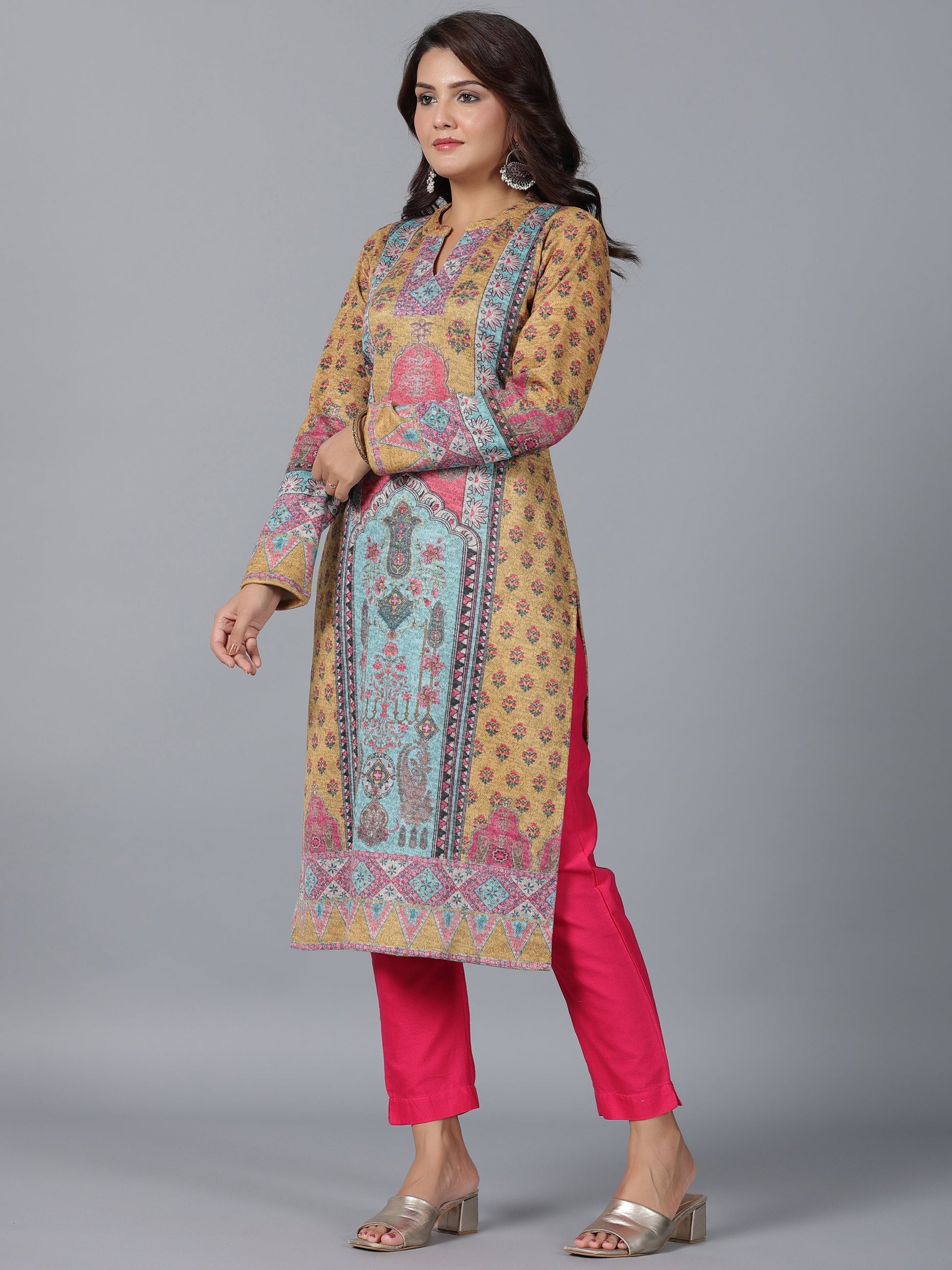 Juniper Women Mustard Printed Woolen Straight Kurta