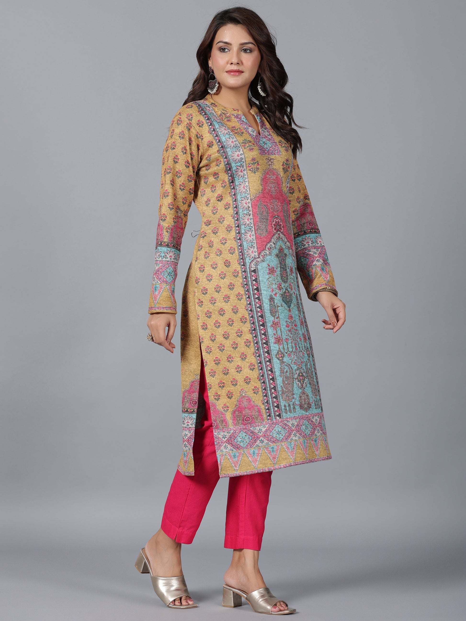 Juniper Women Mustard Printed Woolen Straight Kurta