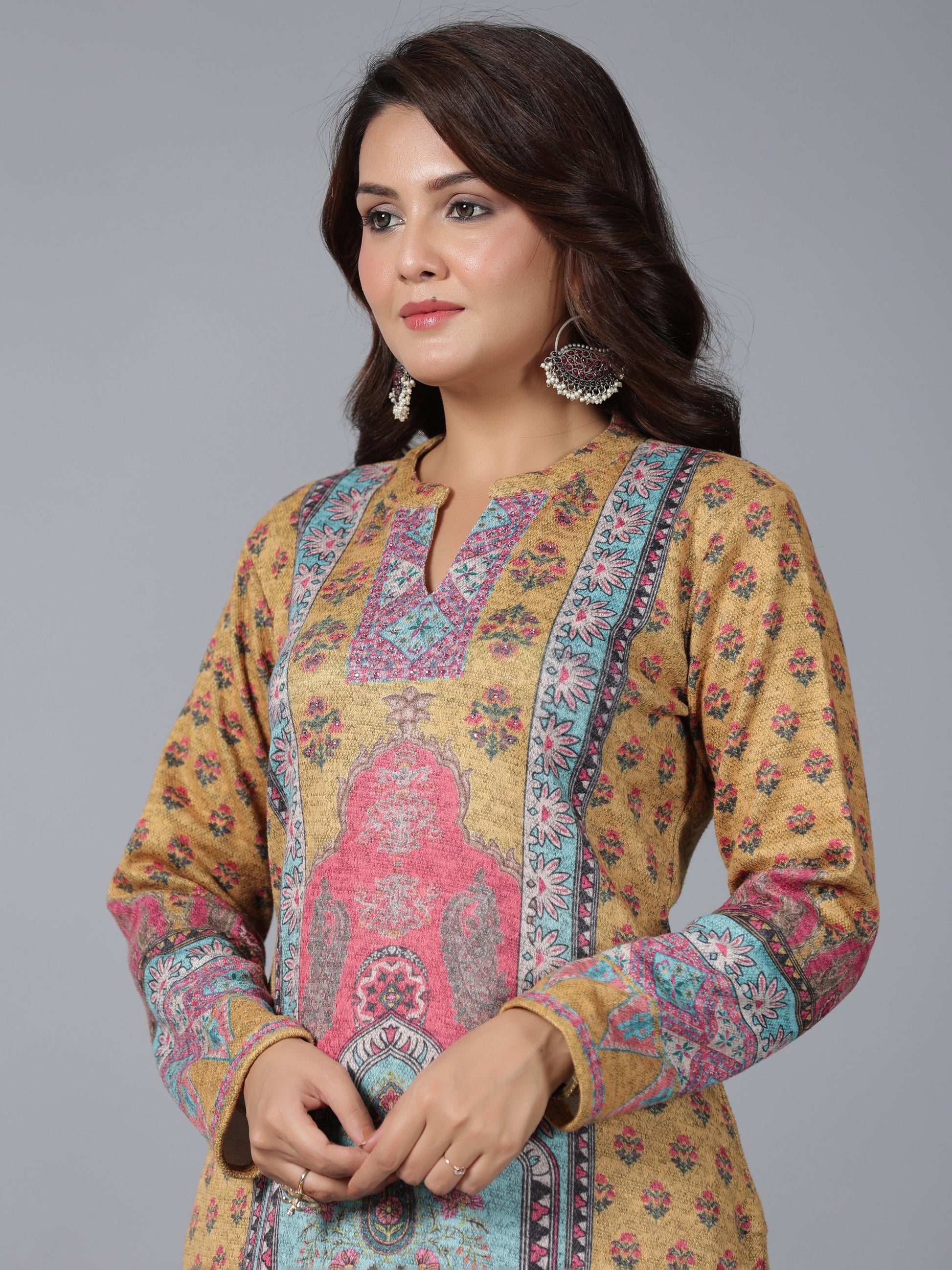 Juniper Women Mustard Printed Woolen Straight Kurta