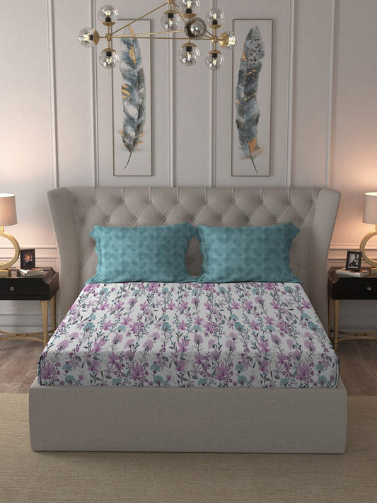 MYTRIDENT Violet White Floral Cotton 144 TC Queen Bedsheet With 2 Pillow Covers 