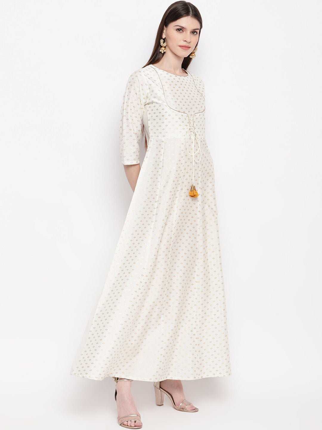Janasya Women Off White & Gold-Toned Geometric Printed Anarkali Kurta