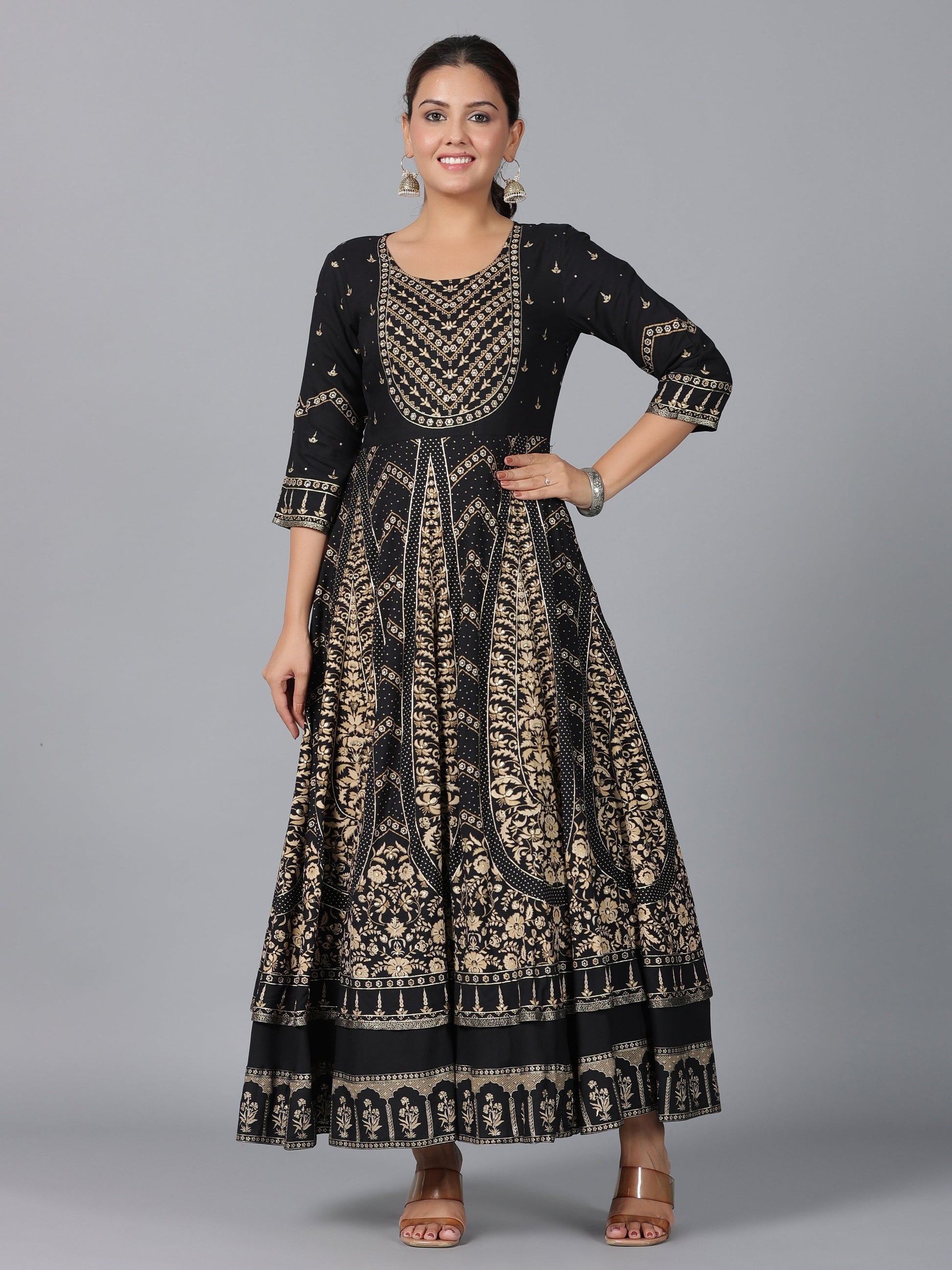 Juniper Women Black Rayon Printed Anarkali Dress