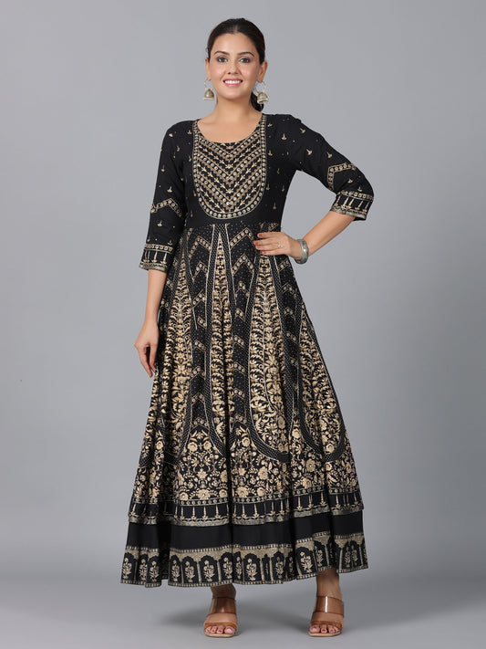 Juniper Women Black Rayon Printed Anarkali Dress