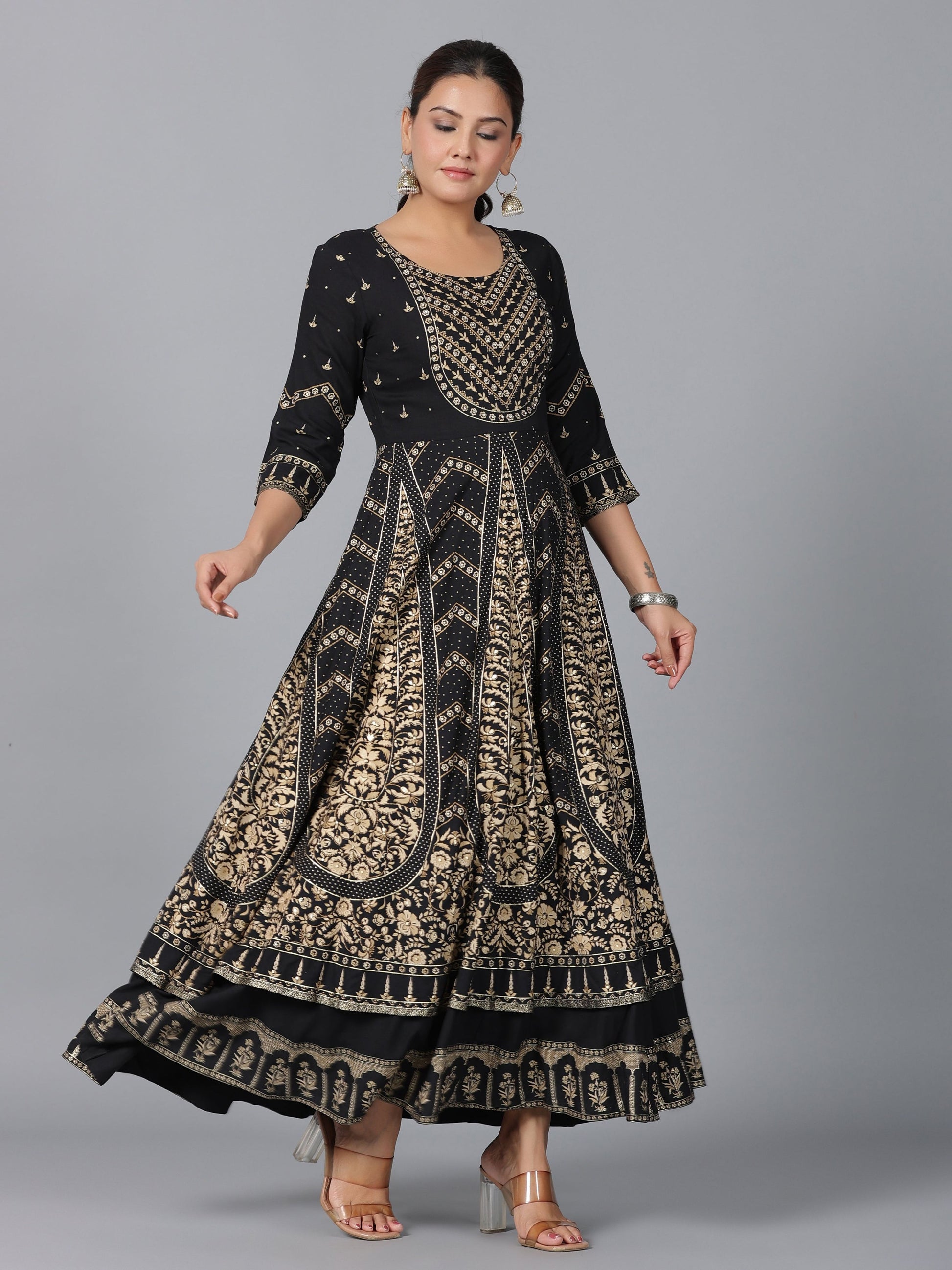 Juniper Women Black Rayon Printed Anarkali Dress