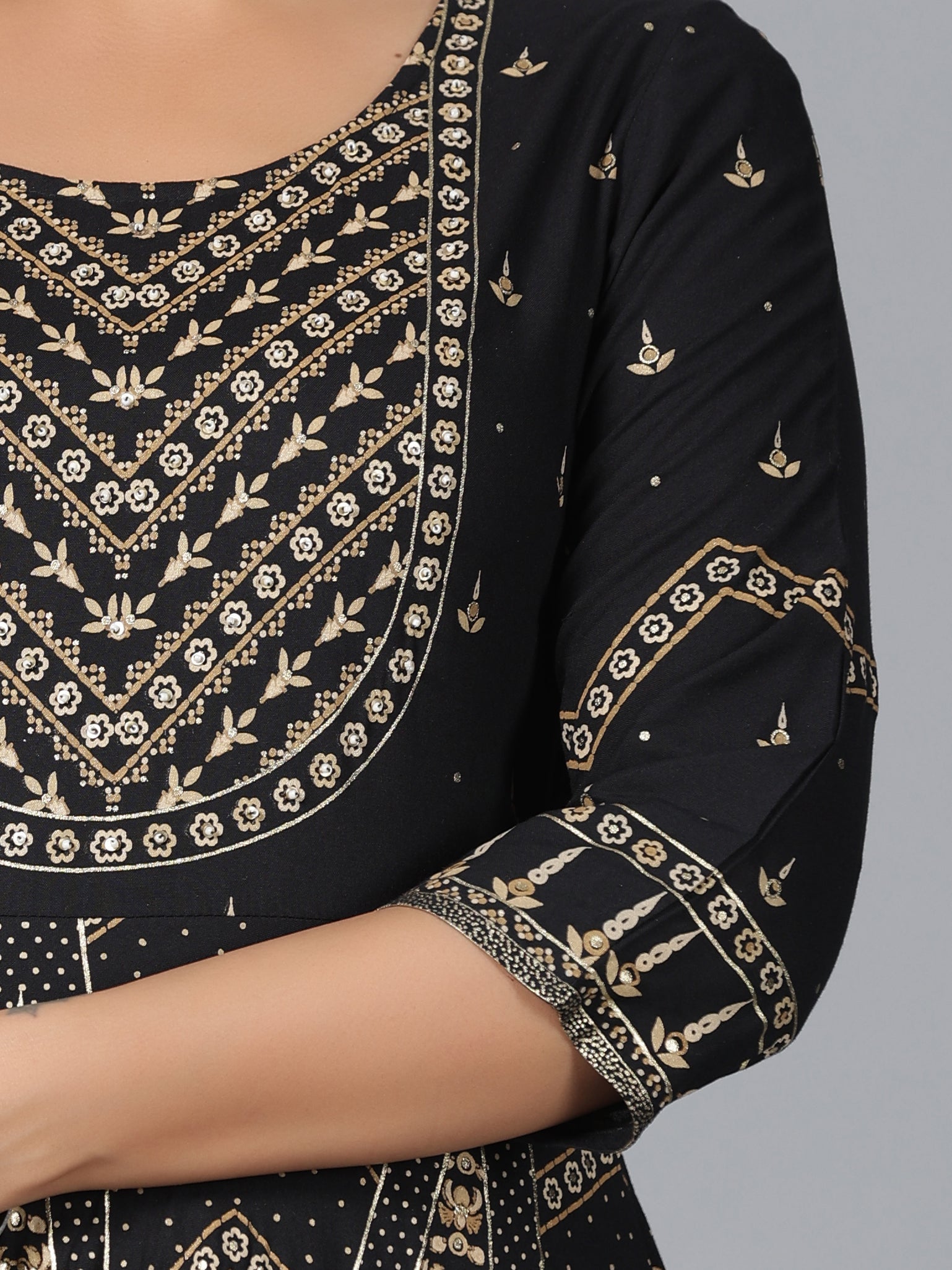 Juniper Women Black Rayon Printed Anarkali Dress