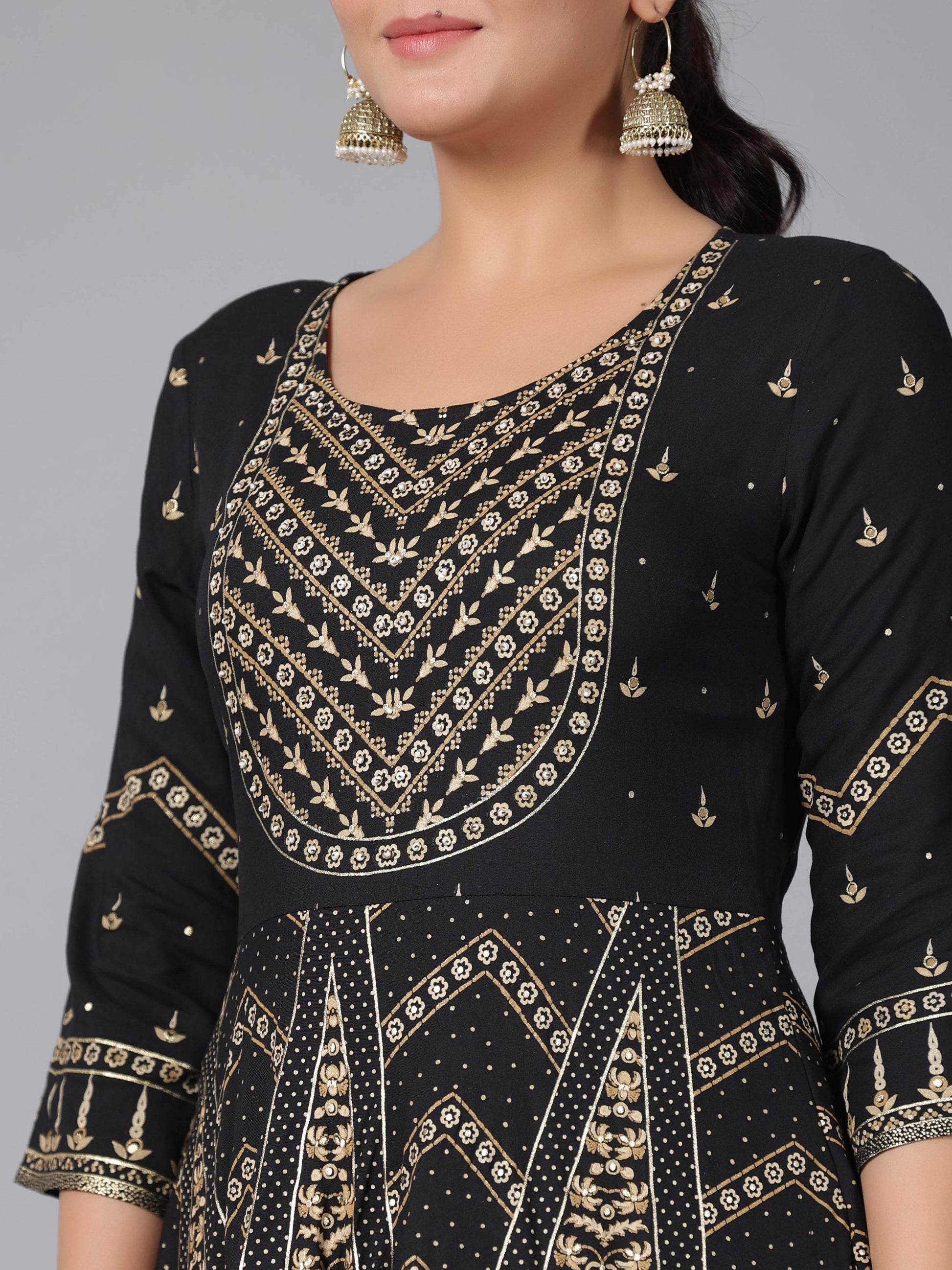 Juniper Women Black Rayon Printed Anarkali Dress