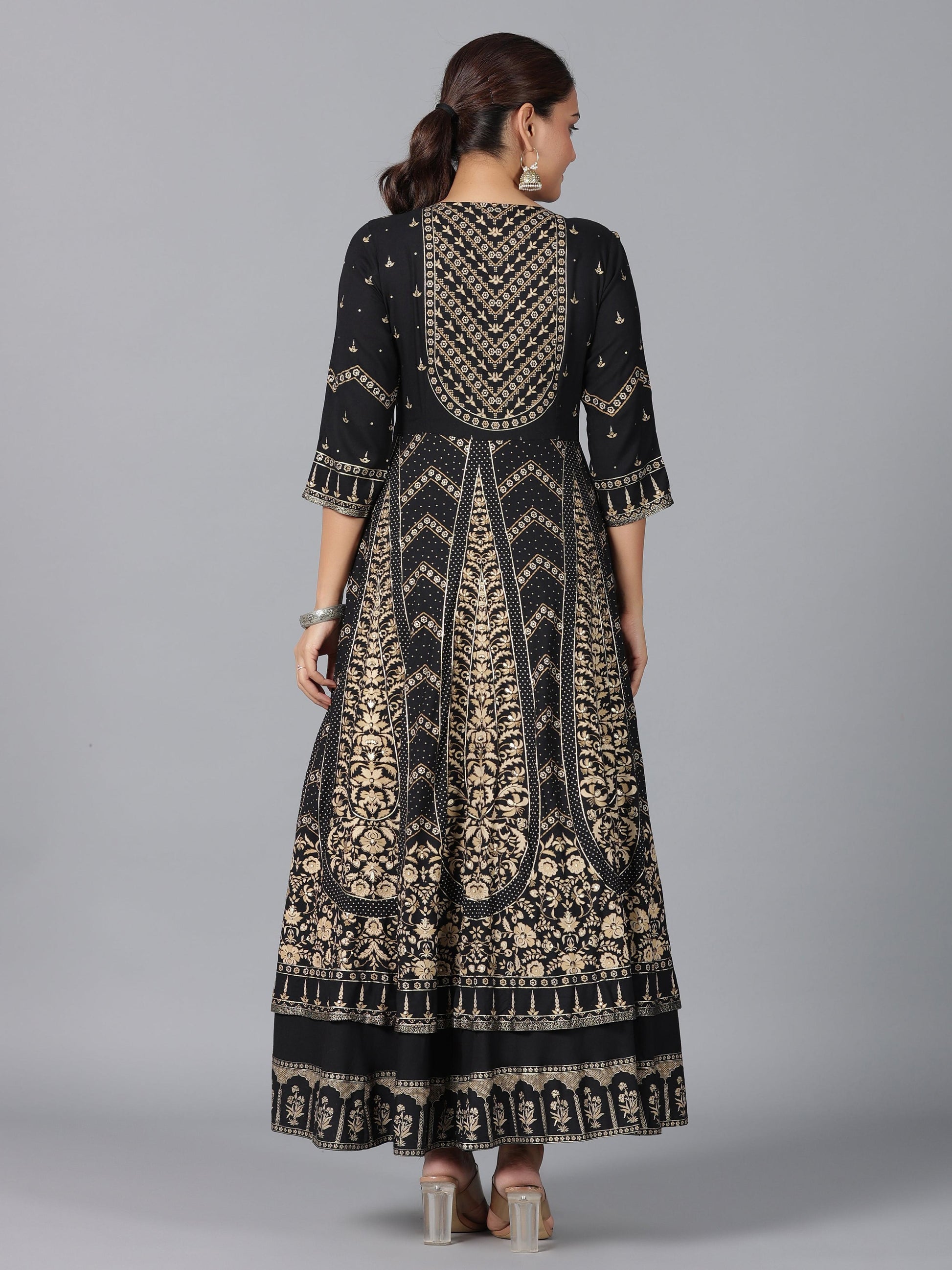 Juniper Women Black Rayon Printed Anarkali Dress