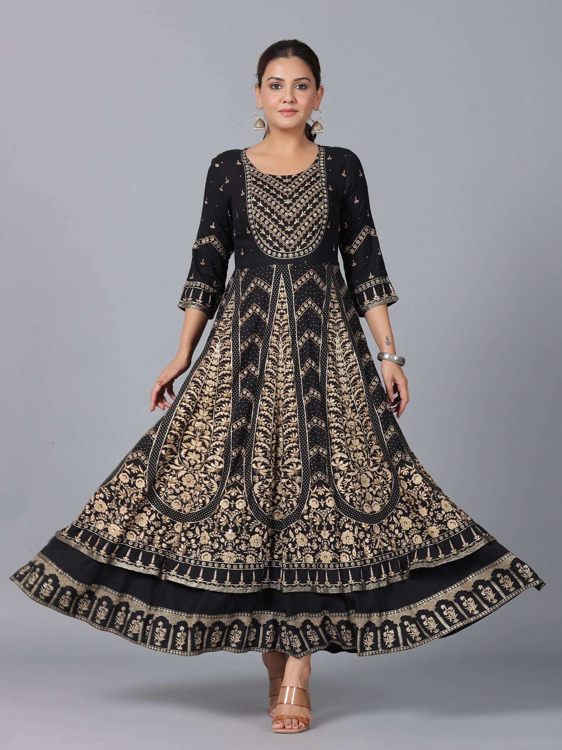 Juniper Women Black Rayon Printed Anarkali Dress
