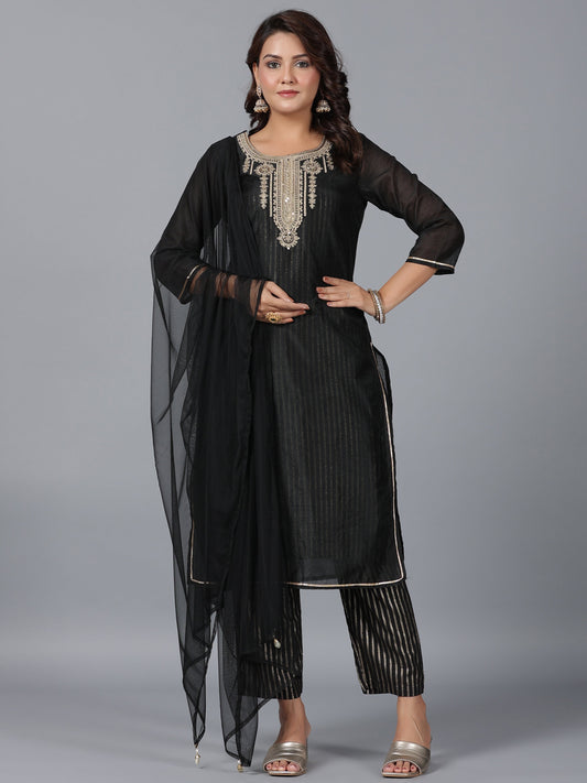 Juniper Women Black Chanderi Printed with Embroidery Kurta, Pants & Dupatta Set