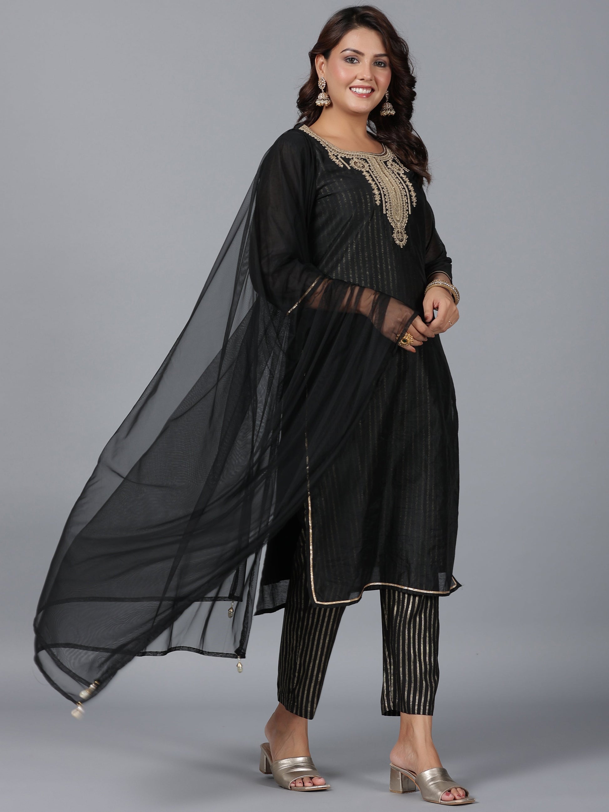 Juniper Women Black Chanderi Printed with Embroidery Kurta, Pants & Dupatta Set