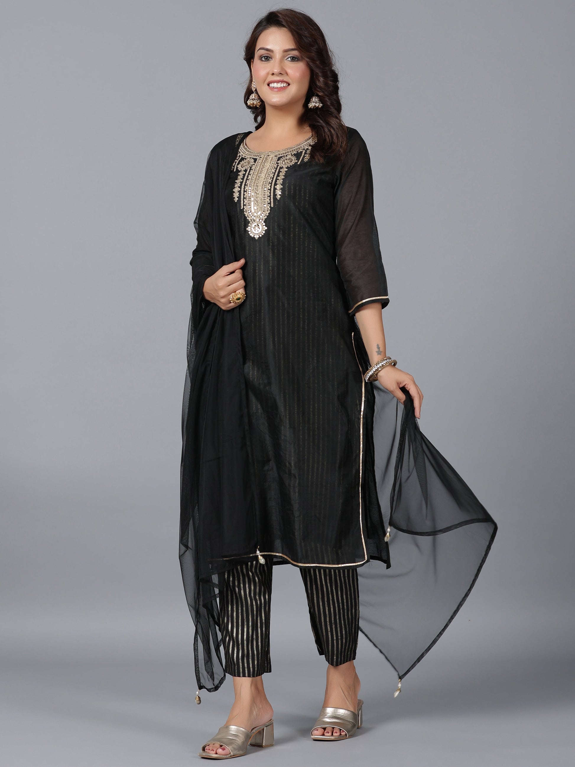 Juniper Women Black Chanderi Printed with Embroidery Kurta, Pants & Dupatta Set