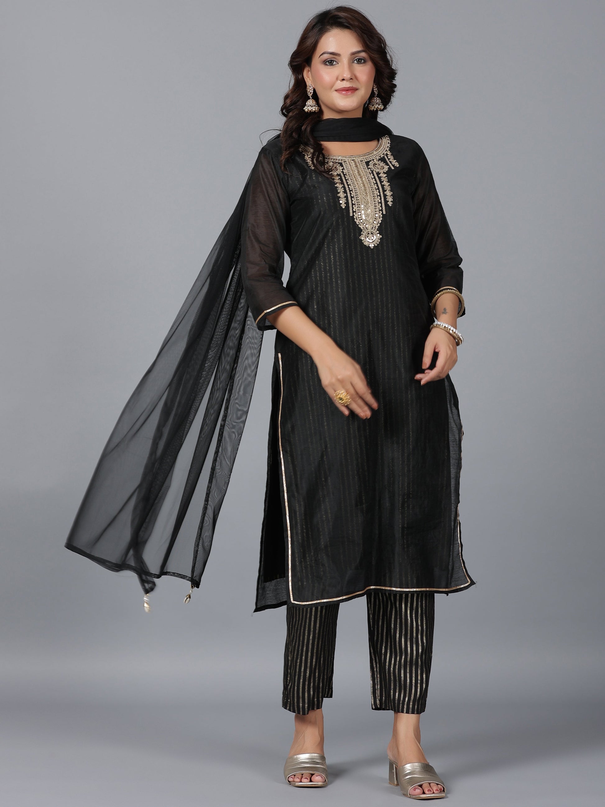 Juniper Women Black Chanderi Printed with Embroidery Kurta, Pants & Dupatta Set