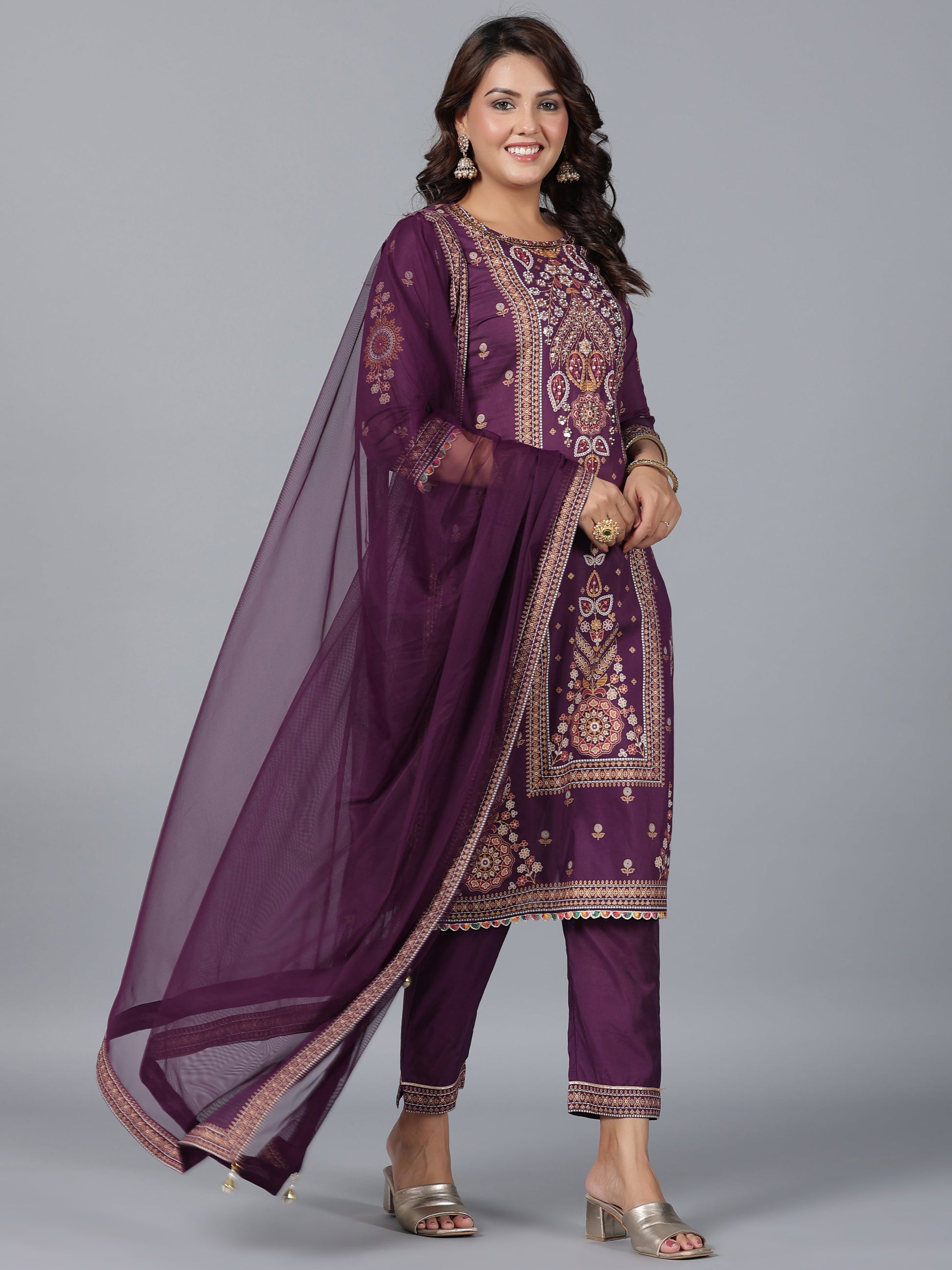 Juniper Women Purple Chanderi Printed Kurta Pants & Dupatta Set