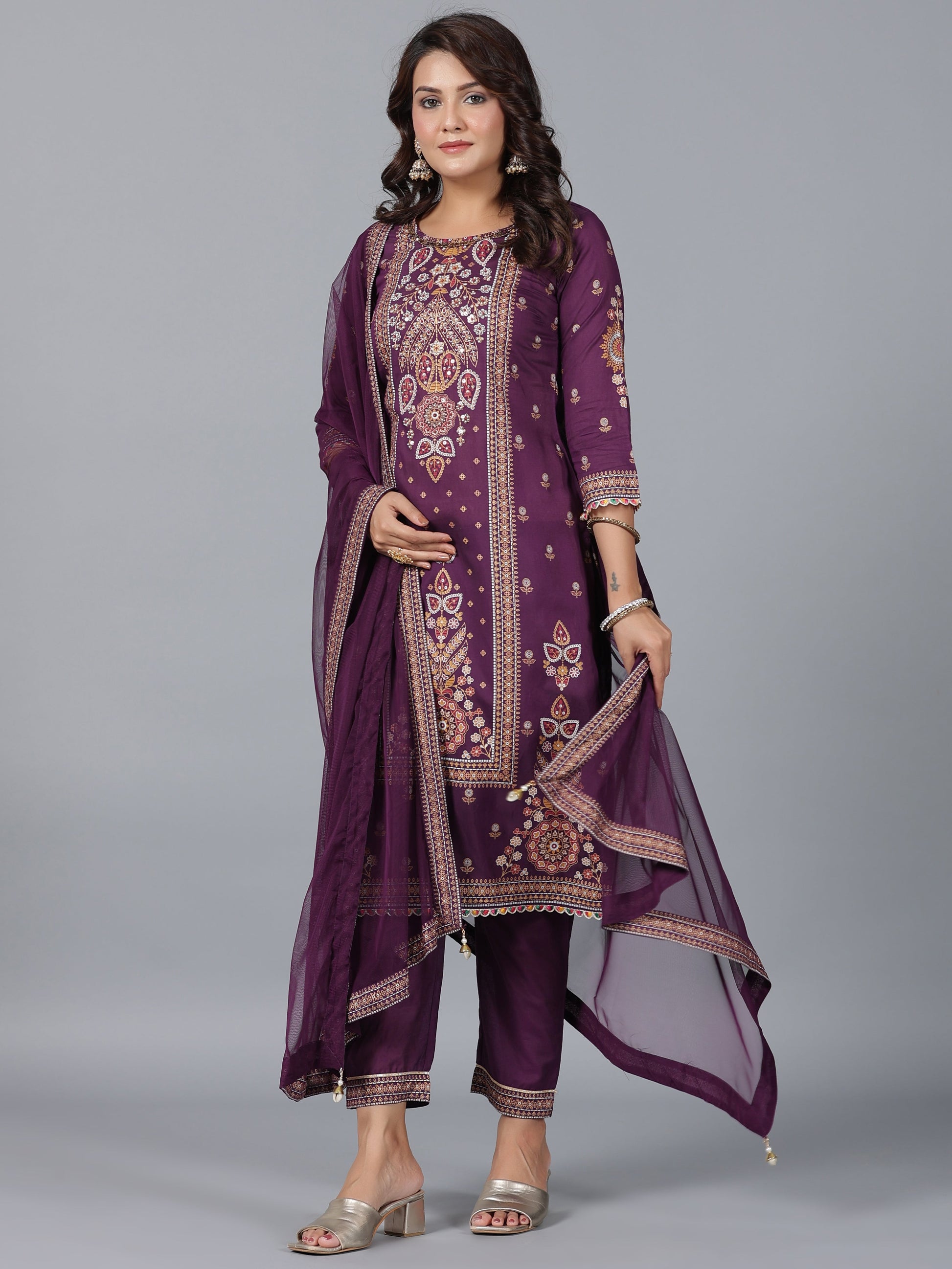 Juniper Women Purple Chanderi Printed Kurta Pants & Dupatta Set